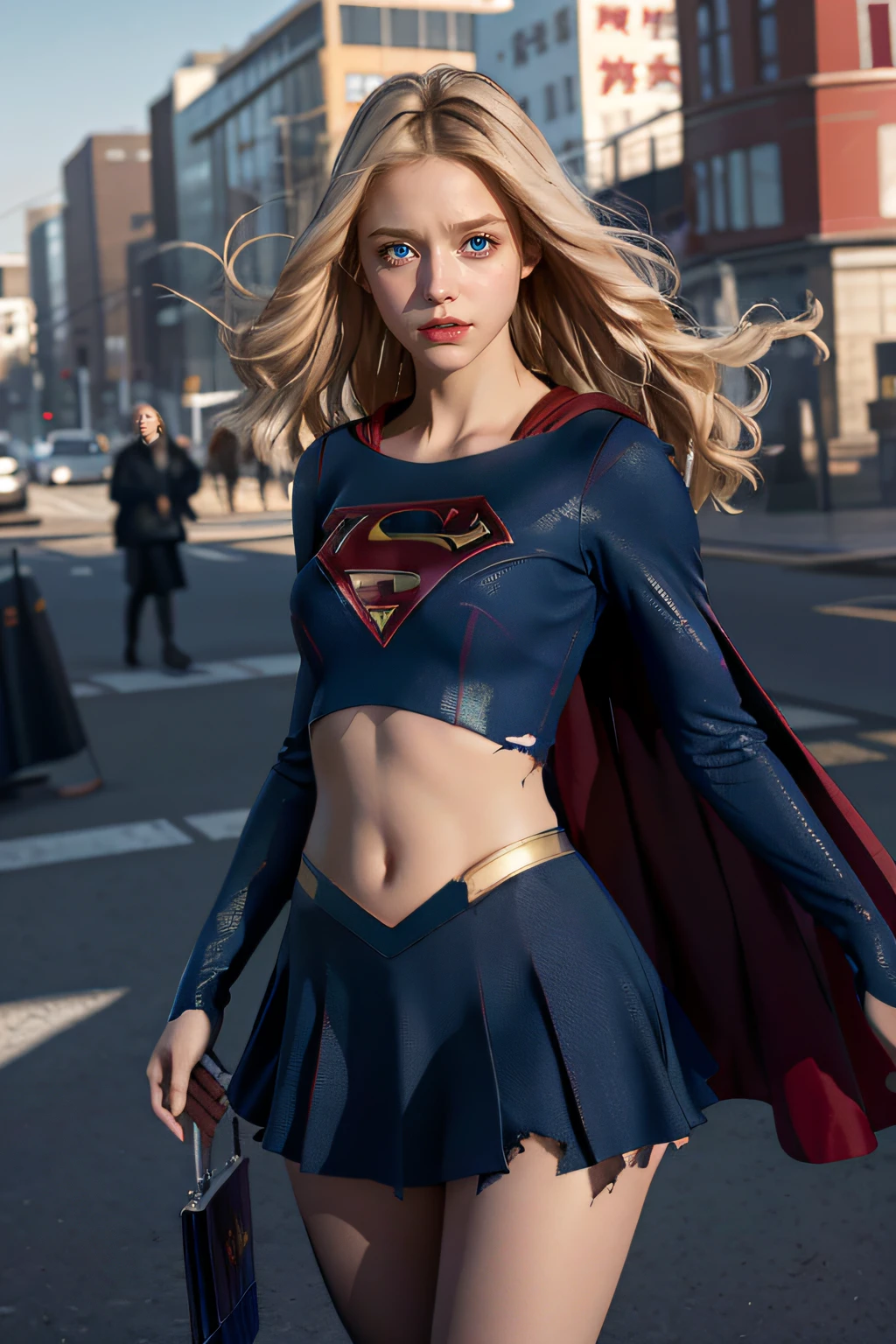 8K,Best quality at best,Real picture,Complicated details,ultra - detailed,超高分辨率,Depth field,(真实感,Fidelity:1.2),tmasterpiece,European girl,Photo of Supergirl,(Bruises,grimy,torn laundry,Clothing that exposes,bloods:1.3), eBlue eyes, blond hairbl, long whitr hair, Tear the cloak, Tear pantyhose, super heroes, 独奏, suns, blue-sky, best qualtiy, realisticlying, realisticlying, (complexdetails:1.2), (exquisitedetails), (cinematric light), 清晰的线条, Clear focus, photorealiscic face, A detailed face, Unified 8K wallpapers, 超高分辨率, (真实感:1.4), looking at viewert,Open navel。full bodyesbian