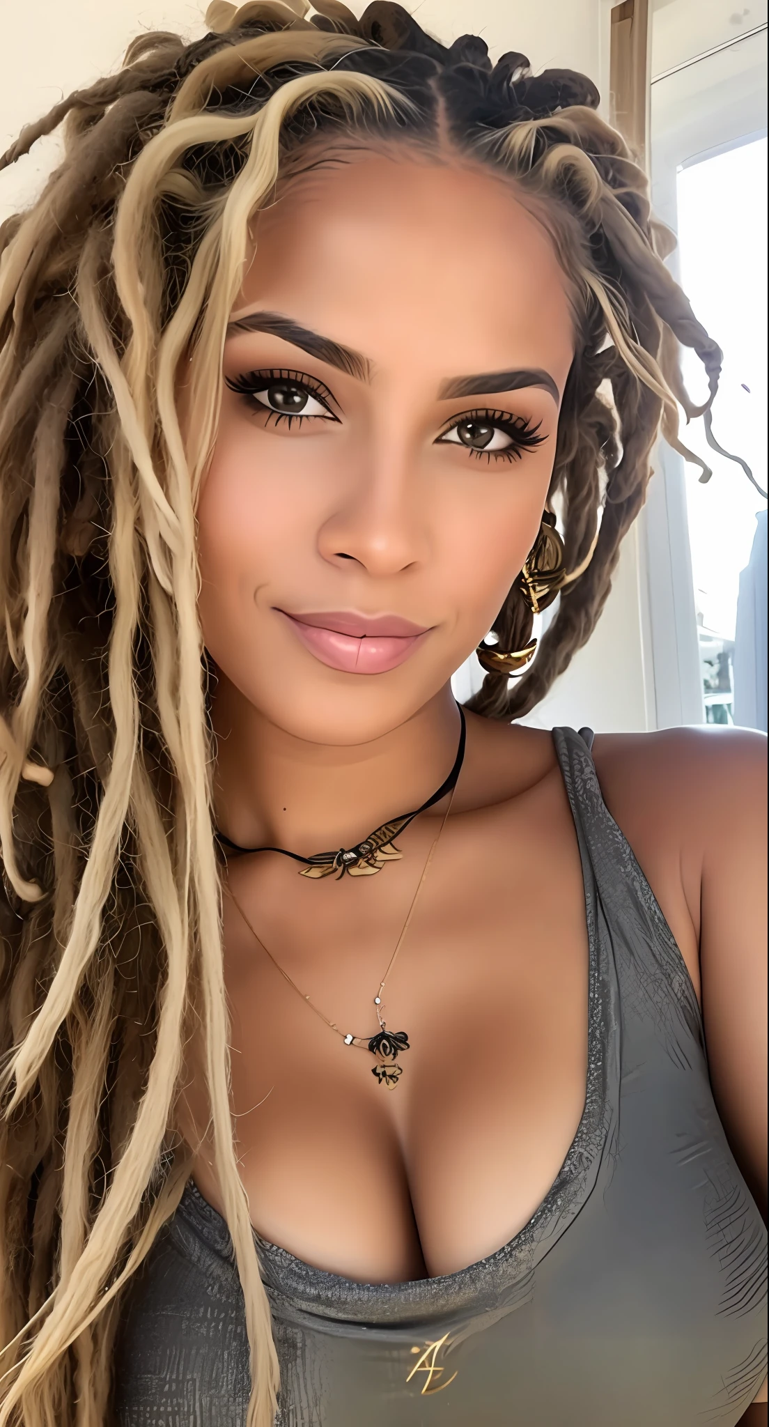 uma mulher com longos cabelos loiros e piercings posando para uma foto, cabelo dreadlock, dreads, dreadlocks, cabelos brancos dreads, loiro encaracolado, dreadlocks longos, cabelos loiros sujos e encaracolados, dreadlock breed hair, cabelos loiros cacheados | d & d, Cara Sexy, lots of dreadlocks on the head, com cabelos longos e olhos penetrantes