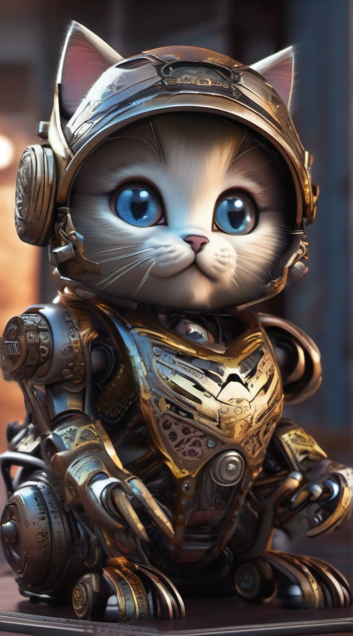 A cute kitten made of metal, robot, cyberpunk style, ((intricate details)), hdr, ((intricate details, super detailed)), cinematic footage, vignette