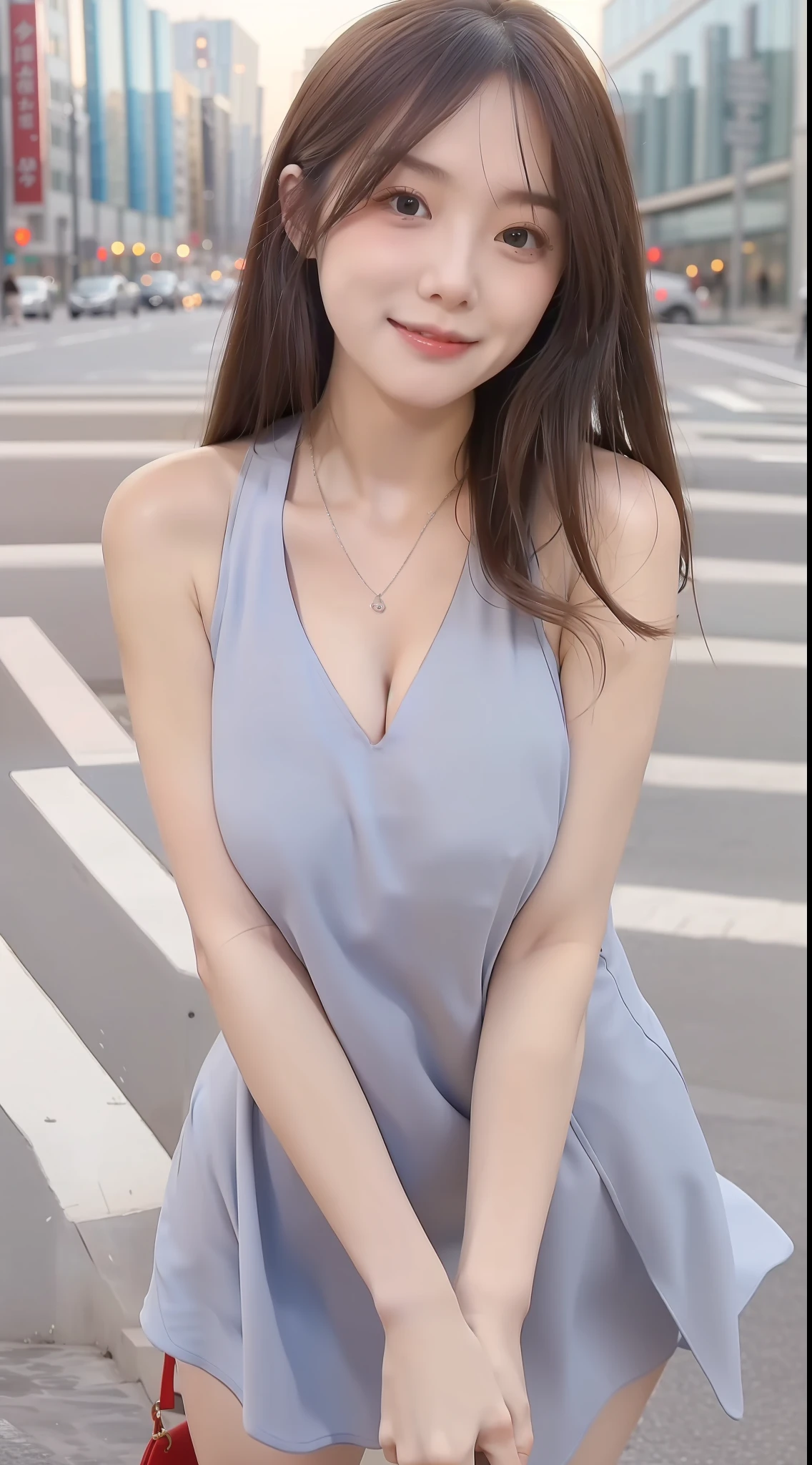 (8k, Best Picture Quality, tmasterpiece:1.2), (realisticlying, realisticlying:1.37), Super meticulous, 1个Giant Breast Girl, adolable, 独奏, beautiful detailed sky, dated,(Nasal redness),(ssmile:1.15),(Keep one's mouth shut)smallunderboob,美丽细致的眼睛,(long whitr hair:1.2),Flowing hair NovaFrogStyle,frock