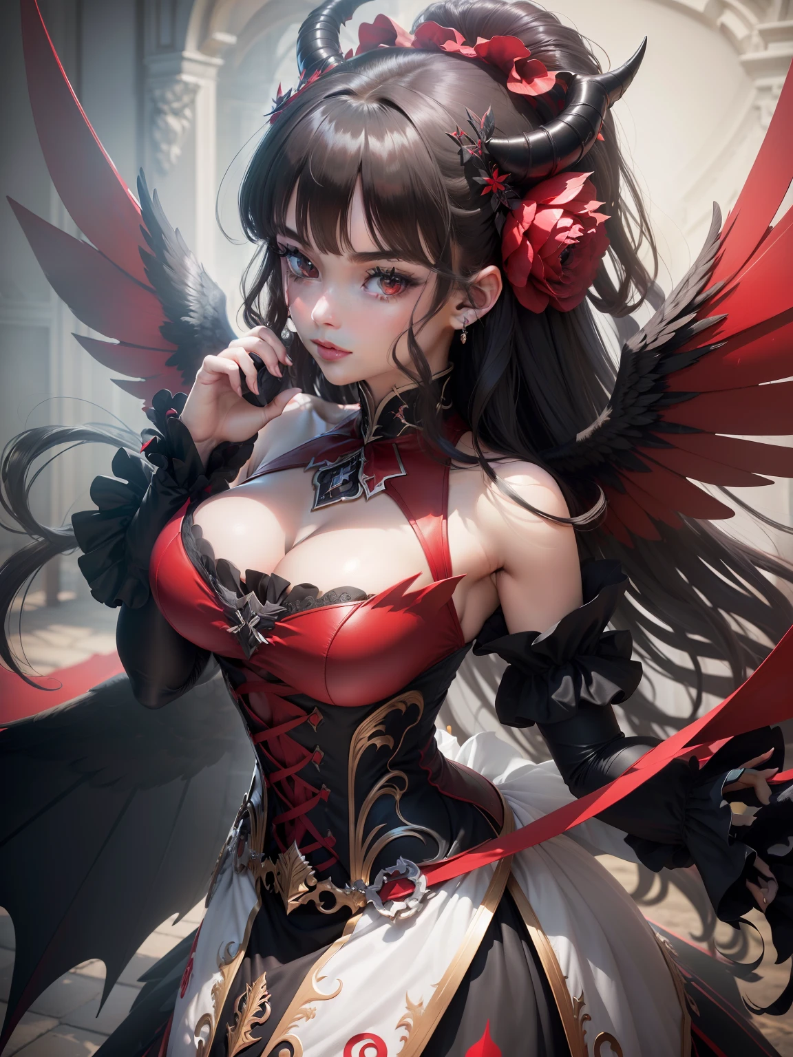 (((8k hoch detaillierte Details))), best possible quality, Meisterwerk, Beautiful elegant demon angel with majestic wings and a stunning black and red dress, imposante Krone