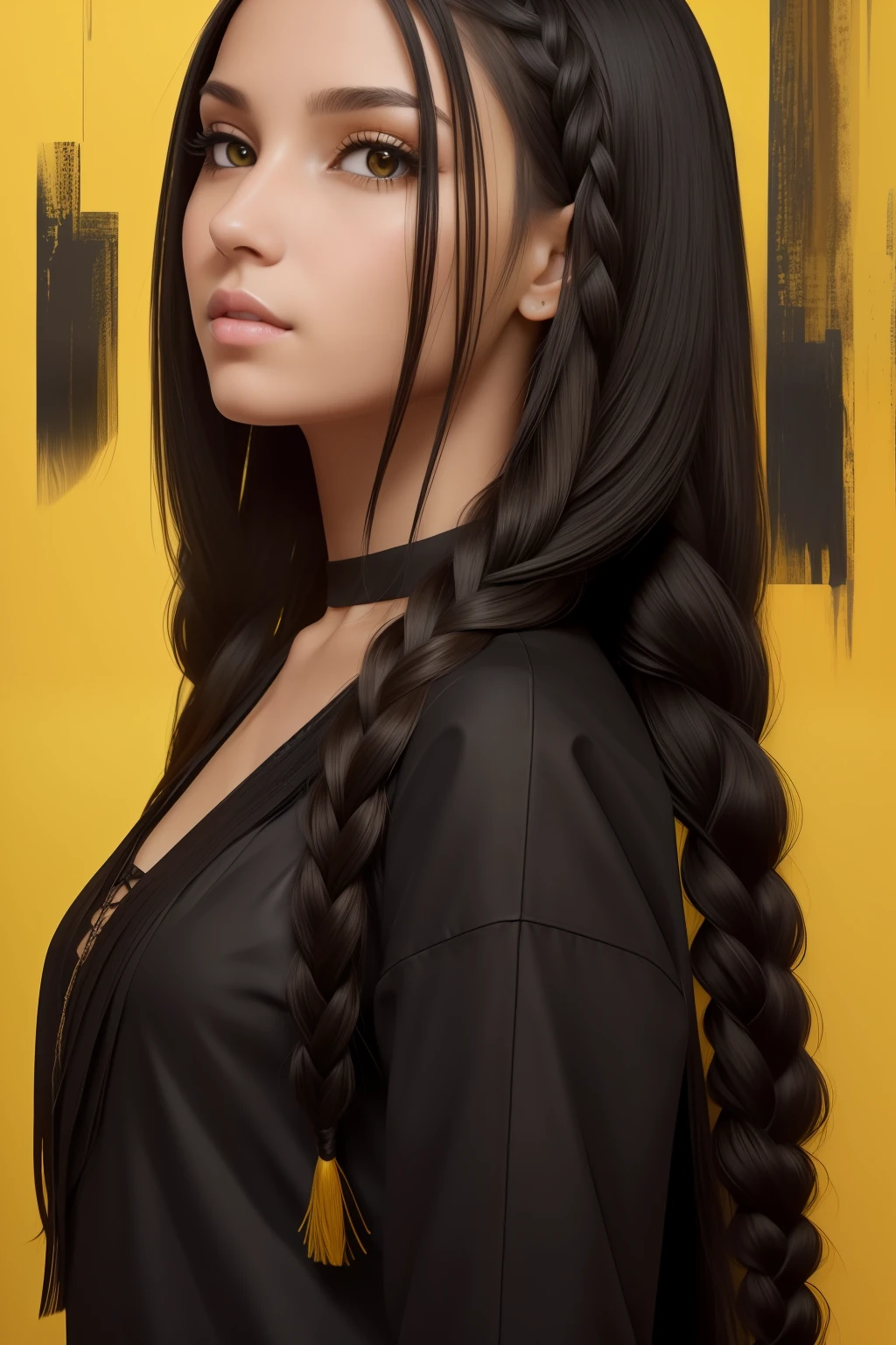 black-clad,Yellow-skinned,brunette color hair,long braid,Black eyes,Look up,The upper part of the body,Need,tmasterpiece