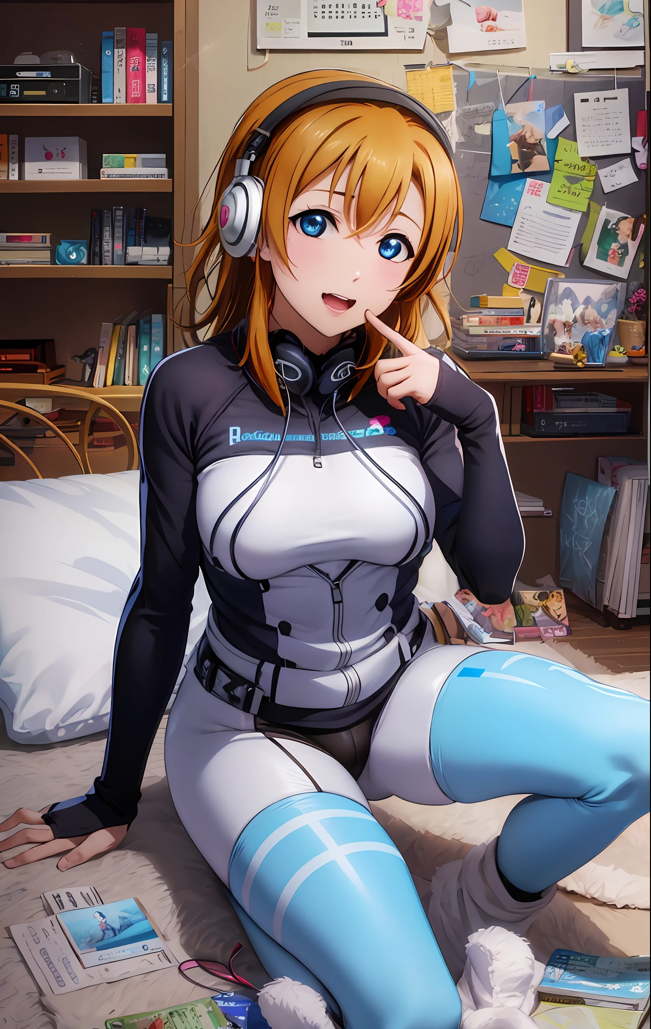 love live!, kousaka honoka,(beautiful detailed blue eyes), solo, (dynamic pose), 1 girl, open legs, sexual arousal, sexual expression, anime, bodysuit, ,big breasts, game console, game controller,television, playstation controller, bookshelf, gamepad, indoors, poster (object), book, pillow, bed,headphones,lying, tissue box, dice, parody, bulletin board,sitting