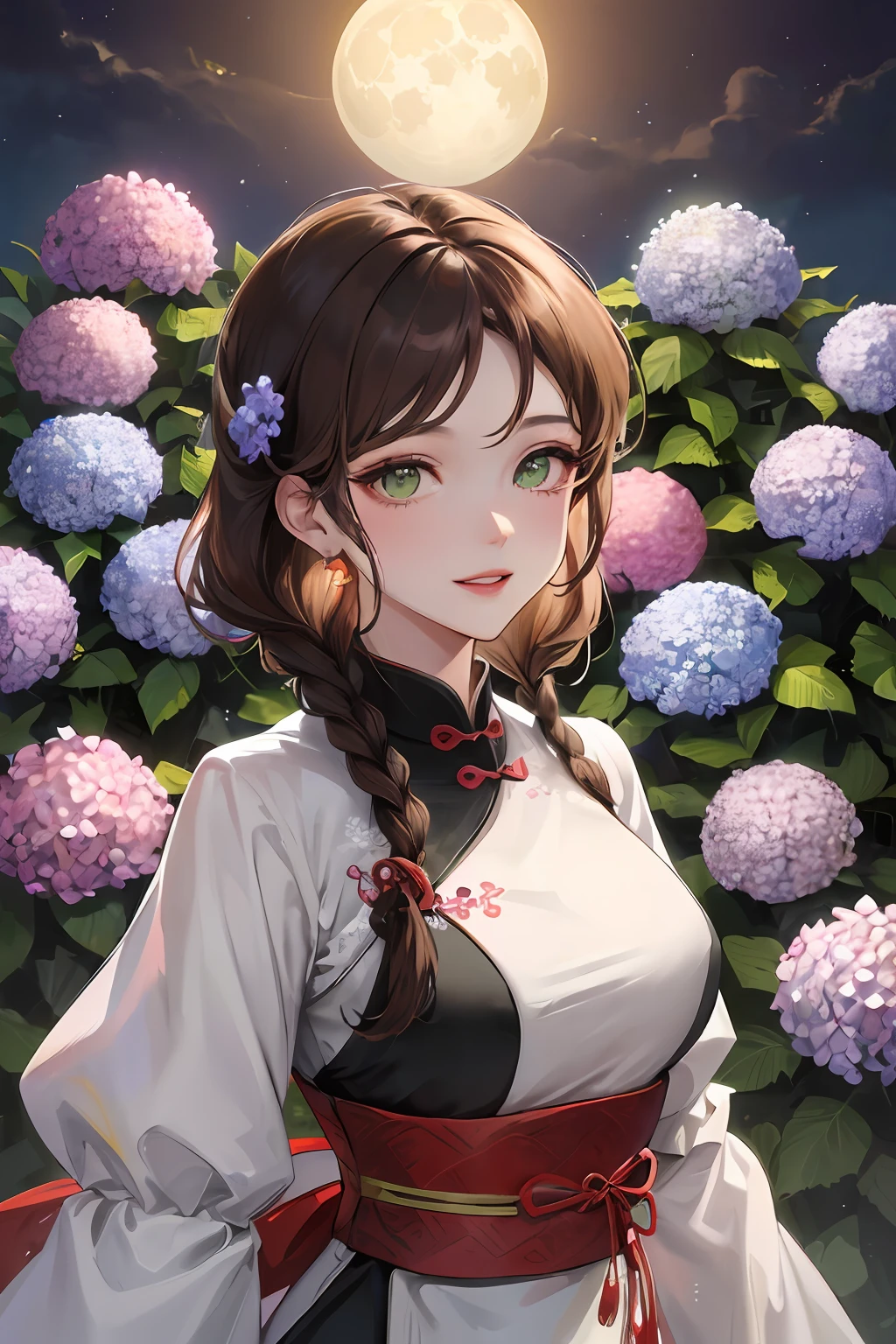 Masterpiece, best quality, night, full moon, 1 girl, mature woman, Chinese style, ancient China, elder sister, imperial sister, smile, brown hair, princess cut, single Fried Dough Twists braid, coiled hair, double ball head, light pink lips, calm, intellectual, middle hair, green pupil, hairpin, hydrangea,