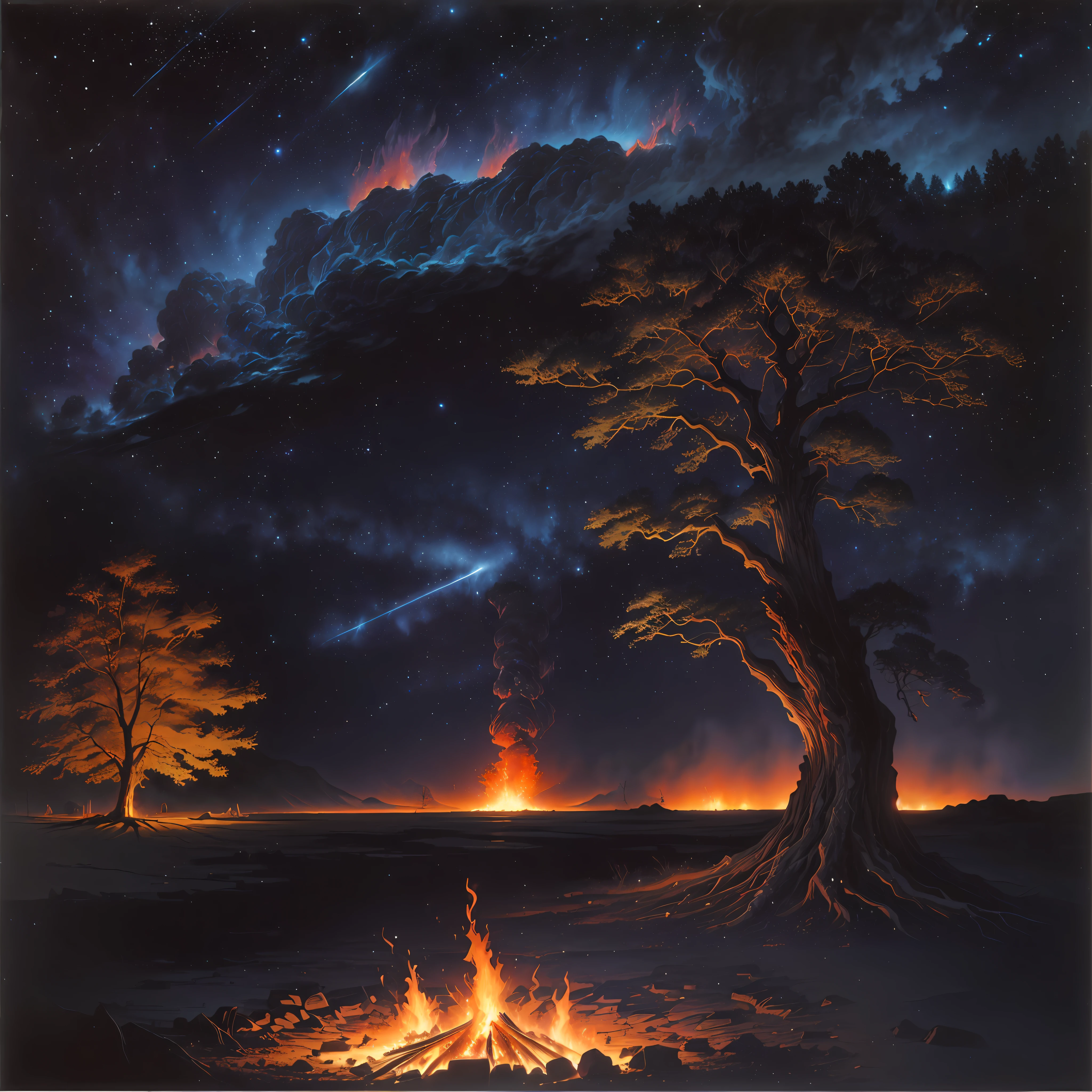 painting of a campfire with a tree and a shooting star, fantasy artrealistic painting, background artwork, tim white art. 64 megapixels, hildebrandt, magical realism painting, science fantasy painting, meteors falling, nighttime, nighttime scene, meteor, fantasy landscape painting, thunderstorm and fire, burning trees, fantasy oil painting, scorched earth, dark atmosphere illustration