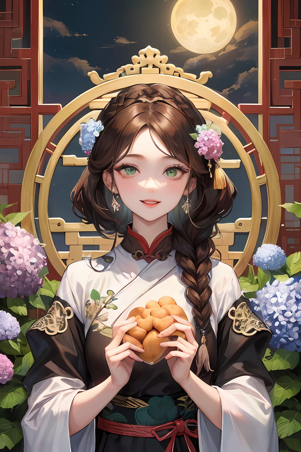 Masterpiece, best quality, night, full moon, 1 girl, mature woman, Chinese style, ancient China, elder sister, imperial sister, smile, brown hair, princess cut, single Fried Dough Twists braid, coiled hair, double ball head, light pink lips, calm, intellectual, middle hair, green pupil, hairpin, hydrangea,