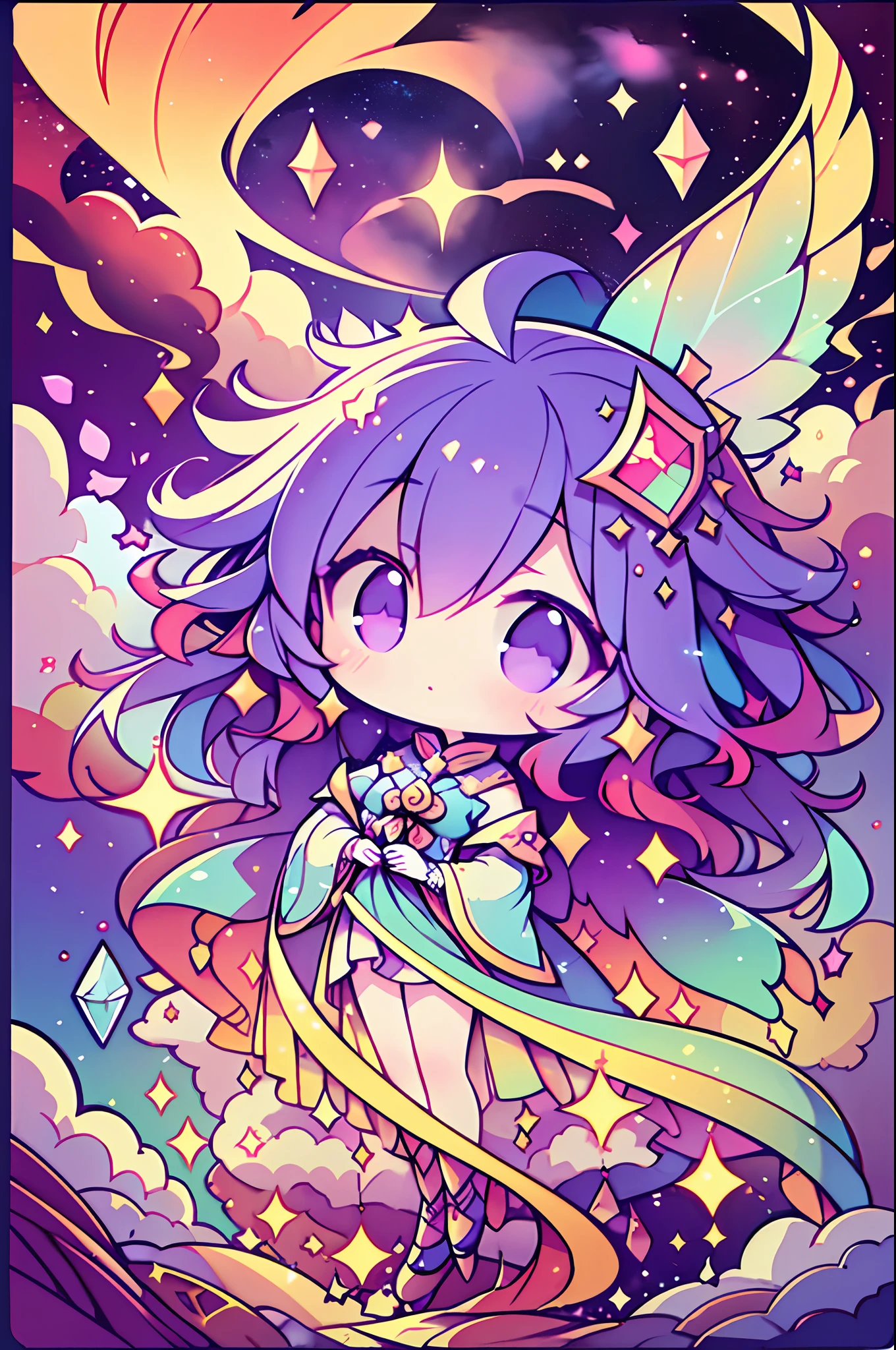 Chibi、(masterpiece、top-quality、top-quality、Extreme details、highest details、Official art、beauty and aesthetic:1.2)、 (Tarot card style:1.3)、colourfull、beautiful countenance、独奏、the perfect body、(Above the clouds in the sky:1.6)、、Flowing streamer、Sun'rays、clouds、full body Esbian、Fairy dress、spaces、starrysky、natta、jewely、Angel wings、Particles of light、 Volume Lighting、Ray traching、(Flowing streamer:1.1)、(Fantasy Novels:1.2)、Illuminator、stele、highcontrast、Ink strokes、over exposure、Purple and red tone impression、Abstract、(Watercolors by John Berkey and Jeremiman)、brushstrokes、Crystal Sorcerer、epic ethereal atmosphere、Updraft、crystal crown、look up sky、Delicate and beautiful hands、color splashes、plastican00d