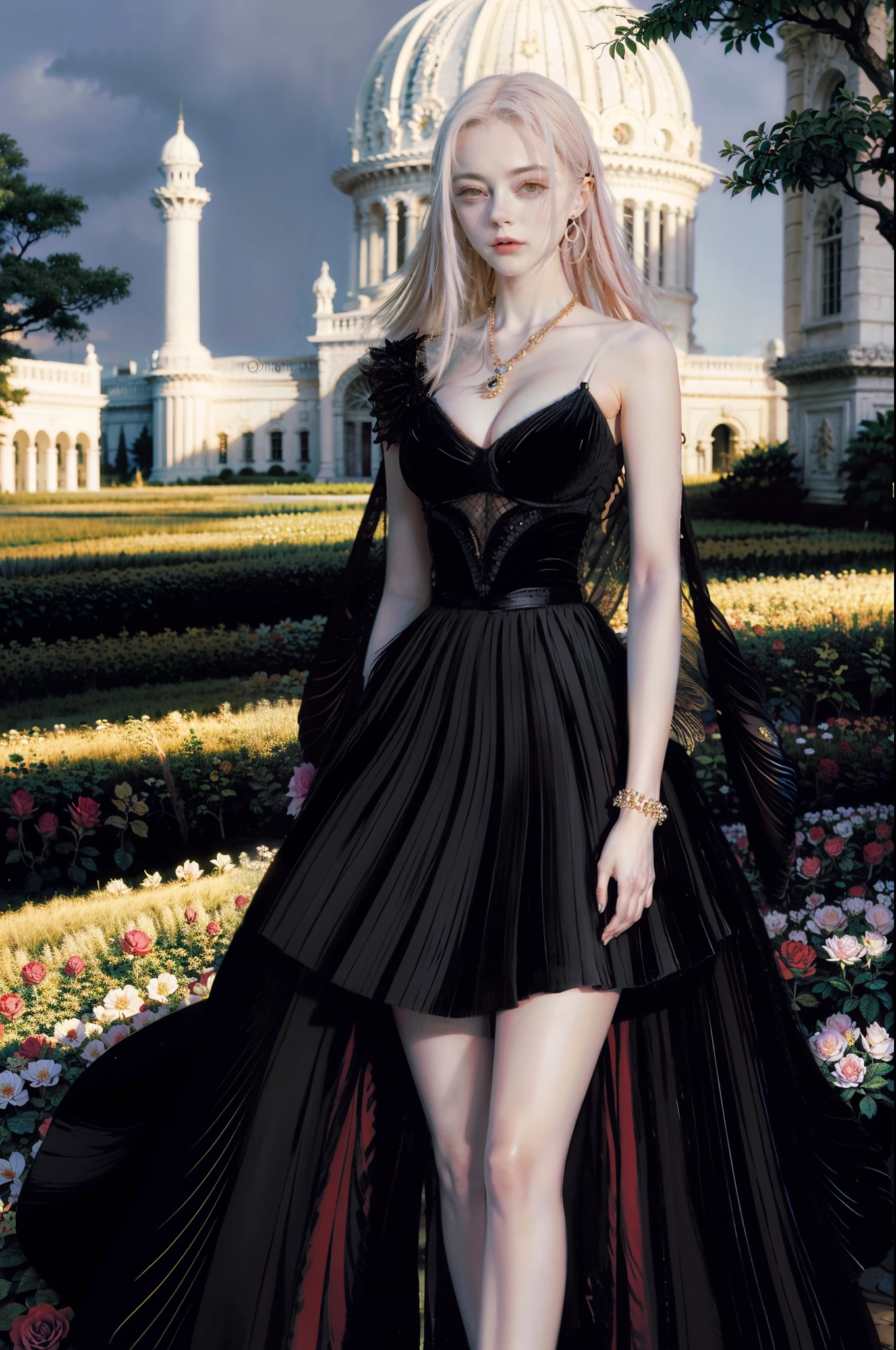 The most beautiful rose bush imaginable and an incredibly elegant young woman, superbly hairstyled, Espectacularmente maquillada y con un vestido deslumbrantemente en colores dorados, negros y grises fabuloso. In a dream garden on a magical night. (obra maestra) (mejor calidad)