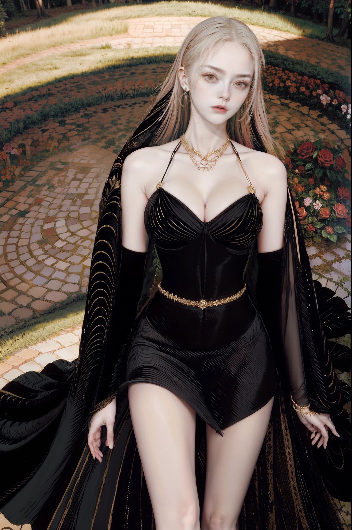 The most beautiful rose bush imaginable and an incredibly elegant young woman, superbly hairstyled, Espectacularmente maquillada y con un vestido deslumbrantemente en colores dorados, negros y grises fabuloso. In a dream garden on a magical night. (obra maestra) (mejor calidad)