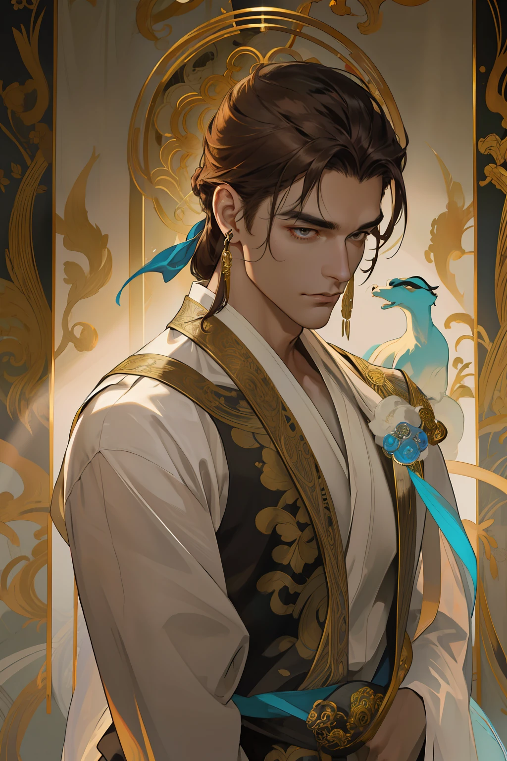 masterpiece, best quality, 1 male, bronze skin, square face, striking eyebrows, elongated lifeless eyes, dark brown irises, brown hair fading to milky white, floor-length straight hair, side-swept bangs, styled in a chignon, extremely high resolution, capturing facial details and bronze skin tone, soft lighting and muted tones, emphasizing an aura of mystery and elegance, incorporating elements of oriental fantasy, fusing the male's individuality and mystique into one, an artistic portrait conveying oriental fantasy's mystique and beauty, cinematic lighting, dramatic lighting, high resolution