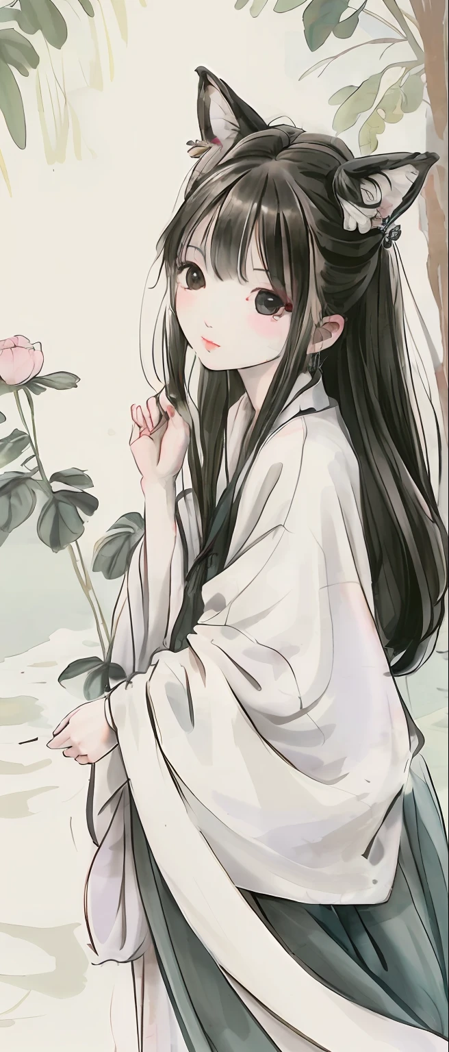((4K,Masterpiece,Best quality)), shuimobysim, Traditional Chinese painting, lotuses, Hanfu, maxikit, Dress conservative 1 girl, 独奏, White hair, fox ear, white colors, The fish, lots of fish near the boy, looking at the viewer only,