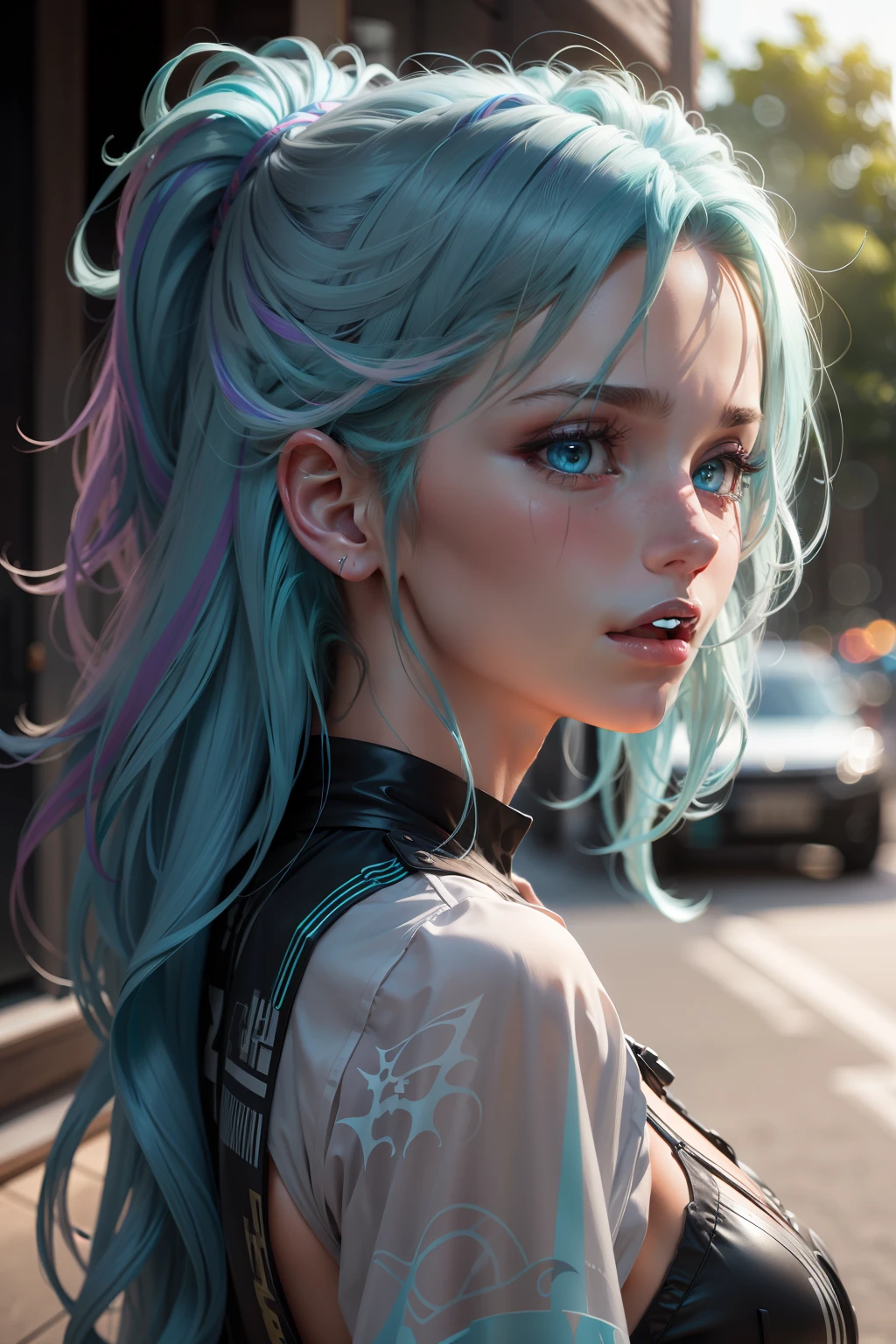 streaked hair, medium hair, aqua eyes, tongue out, high detail, ray tracing, from side, close-up, UHD, UHD, UHD, UHD, masterpiece, anatomically correct, high details