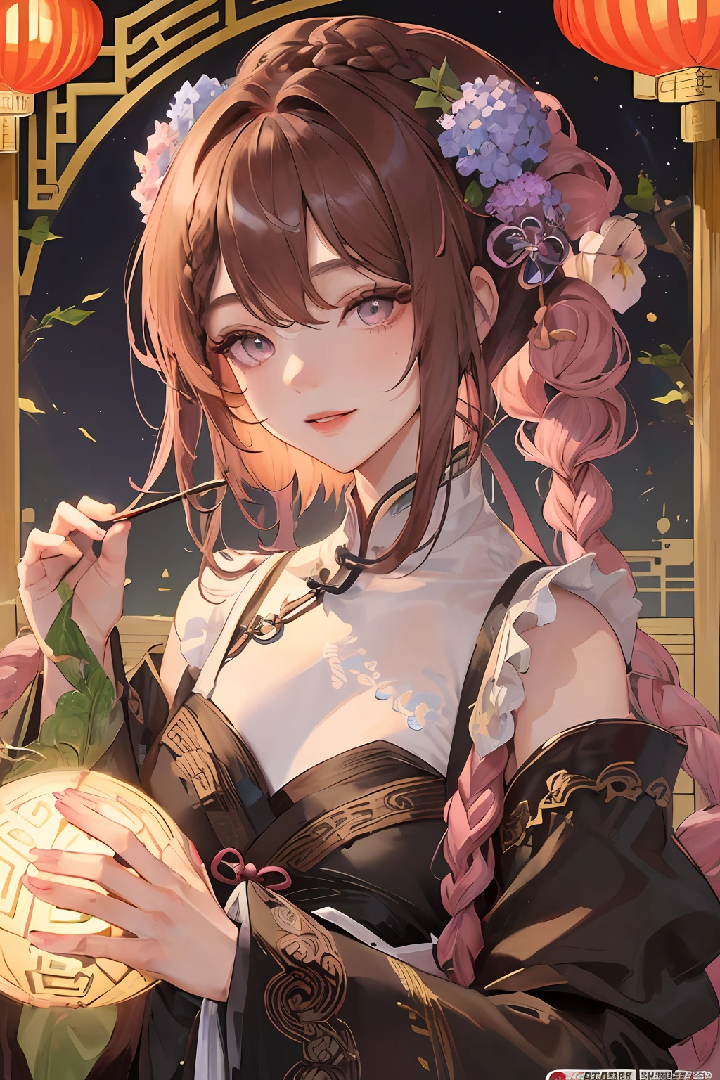 Masterpiece, best quality, night, full moon, 1 girl, mature woman, Chinese style, ancient China, elder sister, imperial sister, smile, brown hair, princess cut, single Fried Dough Twists braid, coiled hair, double ball head, light pink lips, calm, intellectual, middle hair, green pupil, hairpin, hydrangea,