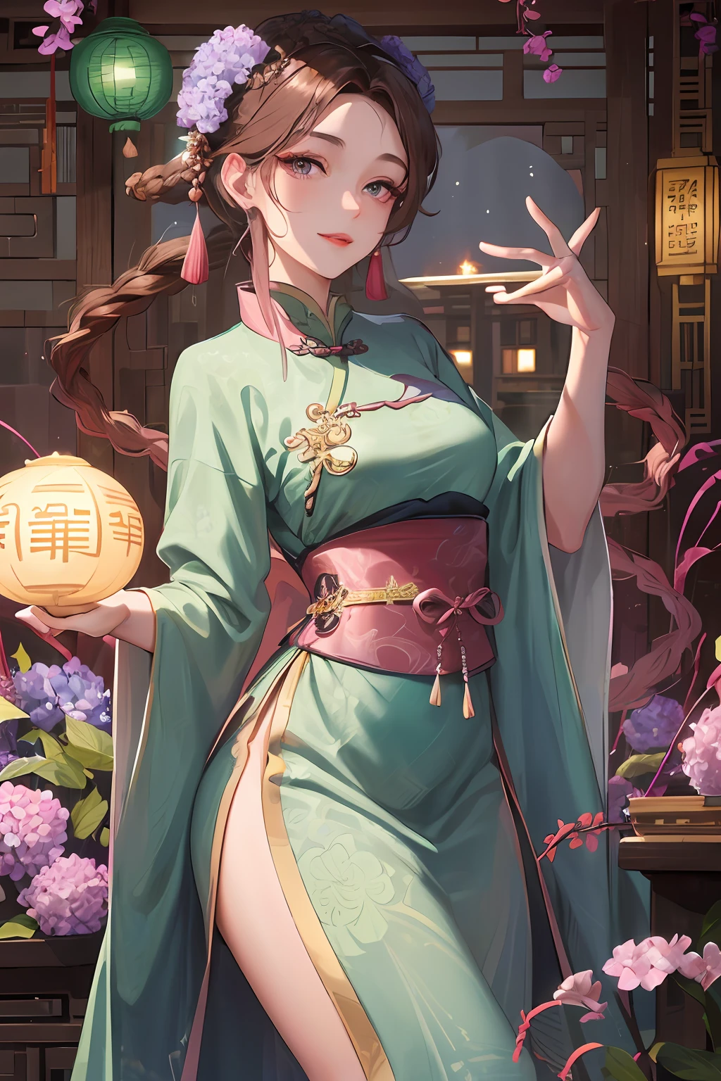 Masterpiece, best quality, night, full moon, 1 girl, mature woman, Chinese style, ancient China, elder sister, imperial sister, smile, brown hair, princess cut, single Fried Dough Twists braid, coiled hair, double ball head, light pink lips, calm, intellectual, middle hair, green pupil, hairpin, hydrangea,