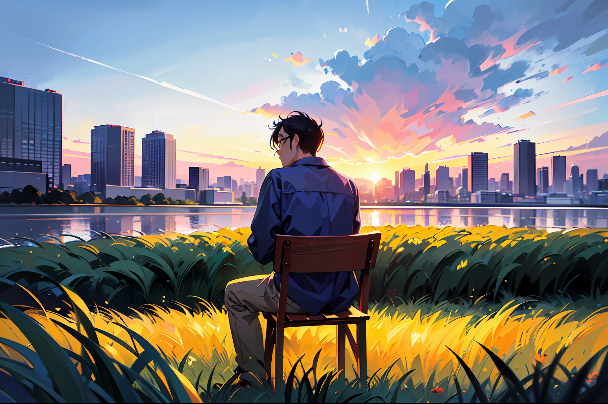portrait of a college boy with glasses sitting on wide grass field, blue shirt, side view, evening sky, city scape, sad face, tired, lofi portrait, digital anime illustration, detailed digital anime art, high quality anime artstyle