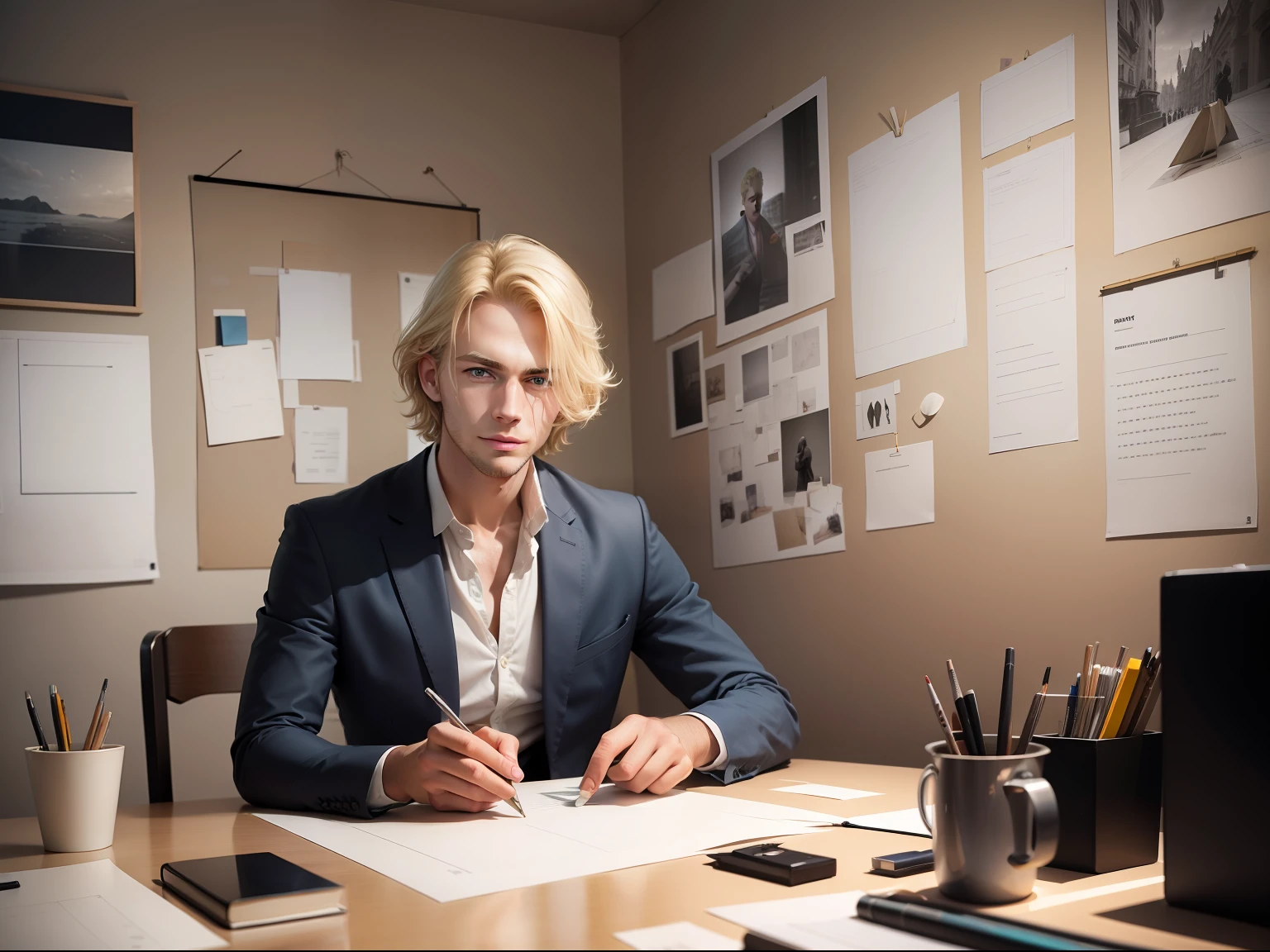 Artefatos inspiradores: a portrait of a specific object or item that inspires the idea, a photo of a blond man next to notes or project in progress.