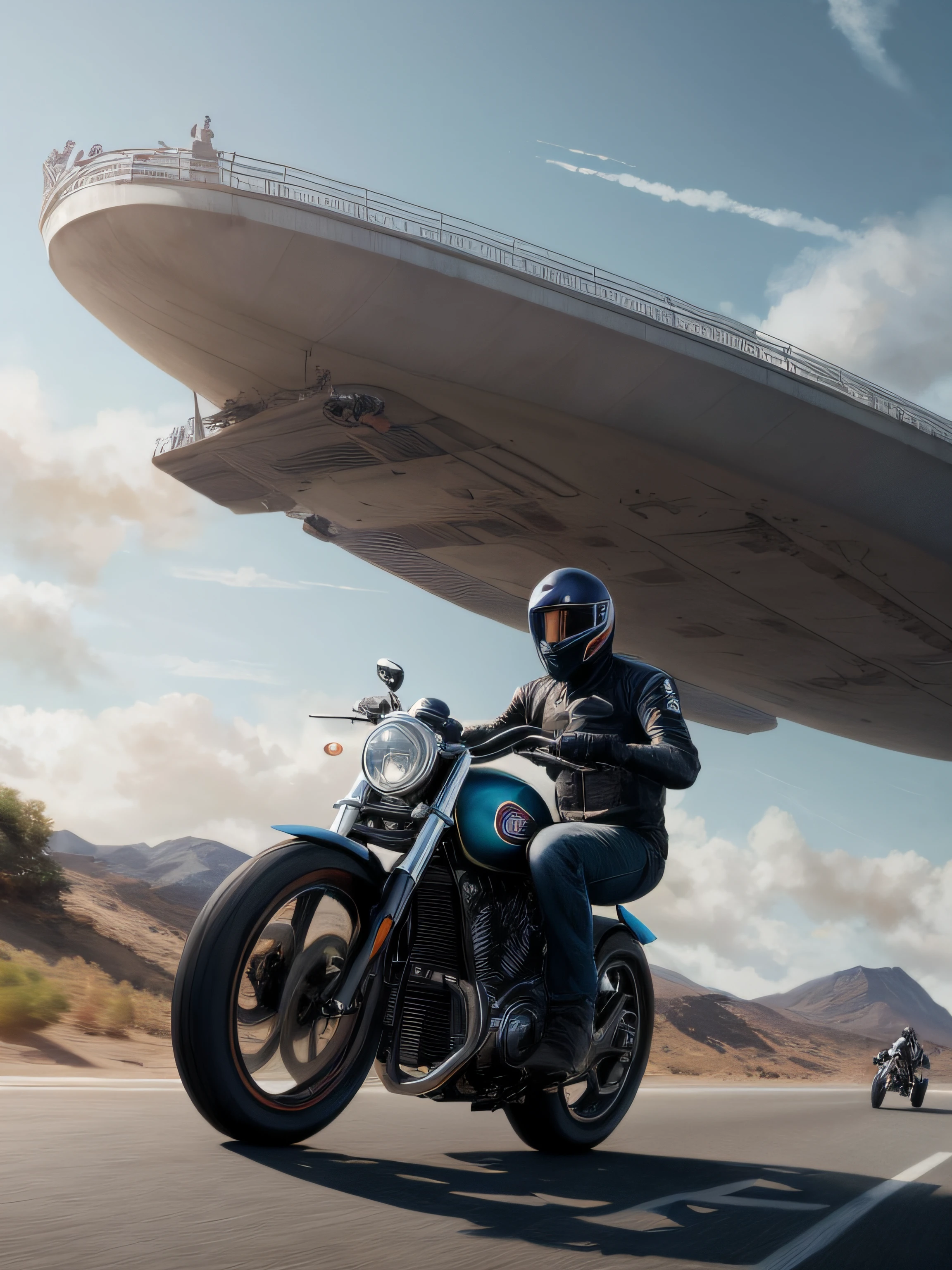 Tom Cruis andando de moto em alta velocidade, alto detalhe, foco nítido, Dramatic and Photorealistic Painting Art by Greg Rutkowski, 4K