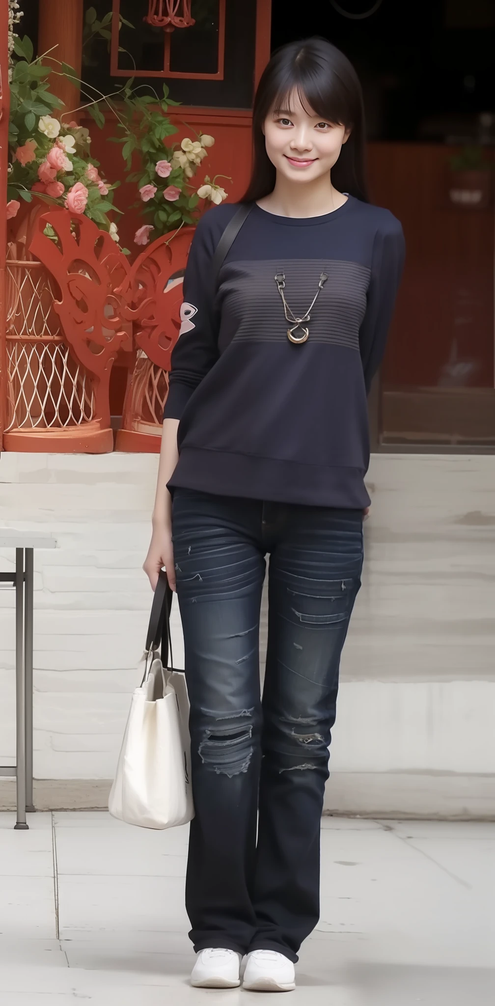 Zhu Ai_Villas，RAW photos，Brand photos，（highdetailskin：1.2），8k ultra high definition，digital SLR camera，gentlesoftlighting，high high quality，filmgrain，富士XT3，20 years old Asian woman，Wear simple clothes，T-shirt and skinny jeans，Detailed clothing details:1.3，perfect body figure，Super detailed facial details and skin，Fair and tender face and skin，二重まぶた，Super detailed eyes，Sweet smile:0.5，fully body photo