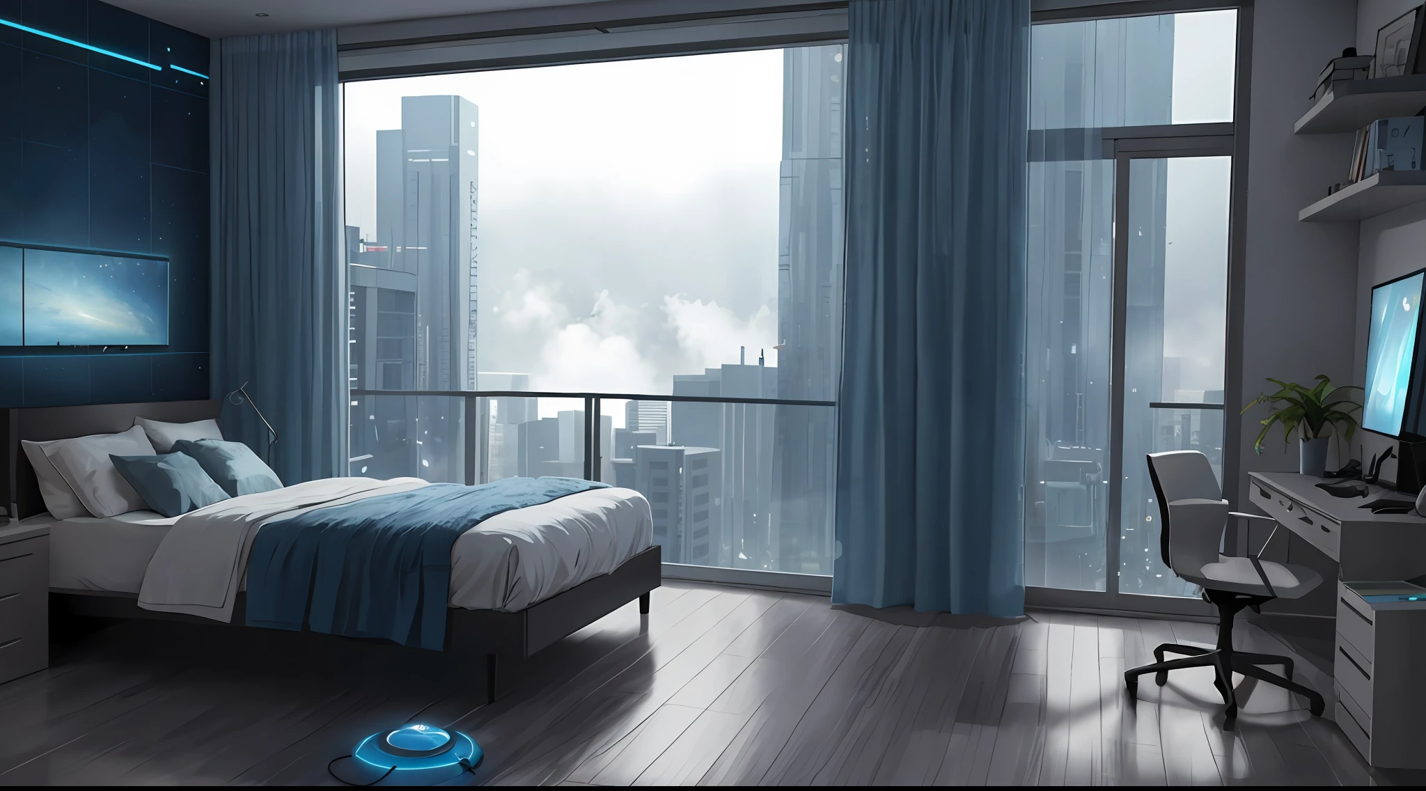 Gorgeous sci-fi matte painting for John Harris' bedroom, Sparta and Greg Rutkowski. sharp edges, Camera Straight, Tiffany Blue, Small bedroom, Teenage room, A small room, computer, dark gray, Blue-gray.. Sci-fi bedroom , Outside the windows of the cyberpunk cityscape, tall buildings and billboards, Cyberpunk room, Sundown, rain outside the window, Fog effect outside the window, gloomily. Ultra-sharp detail, 3d, октановый рендеринг 8K