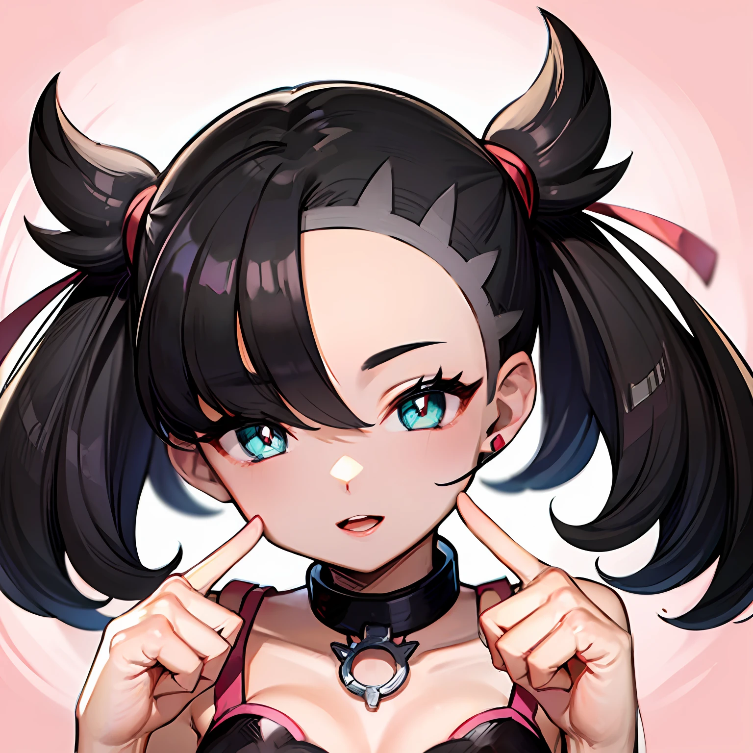 (CLOSE UP  , large eyes. :o), Cute 1girl, illustration, hmmarnie ,(marnie from pokemon) ,red ribbon, portrait, green eyes , long eyelashes,pink luscious lips,black choker, (cute feminine face) , asymmetrical bangs , earrings , cute  , happy expression , smile , pink dress , perfect fingers, perfect hand