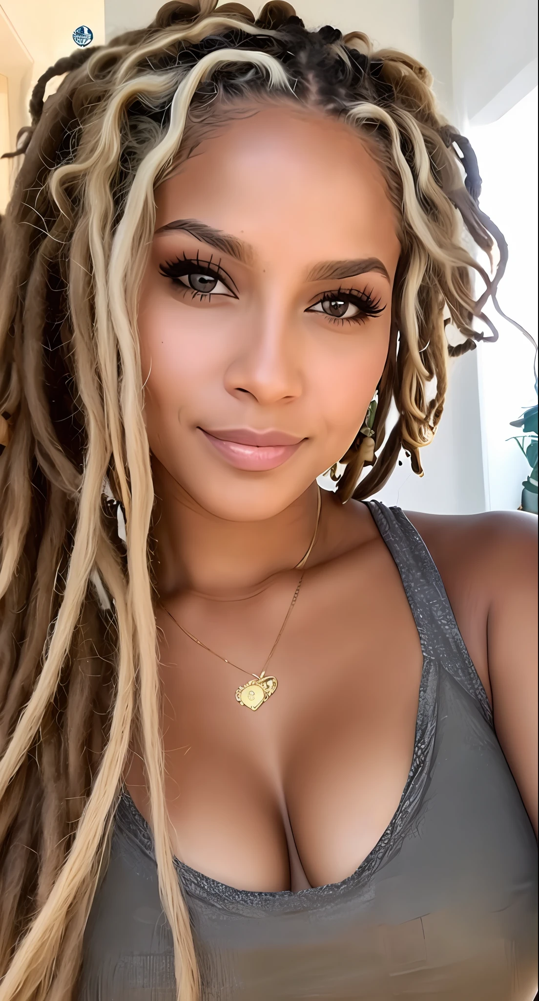 uma mulher com longos cabelos loiros e piercings posando para uma foto, cabelo dreadlock, dreads, dreadlocks, cabelos brancos dreads, loiro encaracolado, dreadlocks longos, cabelos loiros sujos e encaracolados, dreadlock breed hair, cabelos loiros cacheados | d & d, Cara Sexy, lots of dreadlocks on the head, com cabelos longos e olhos penetrantes