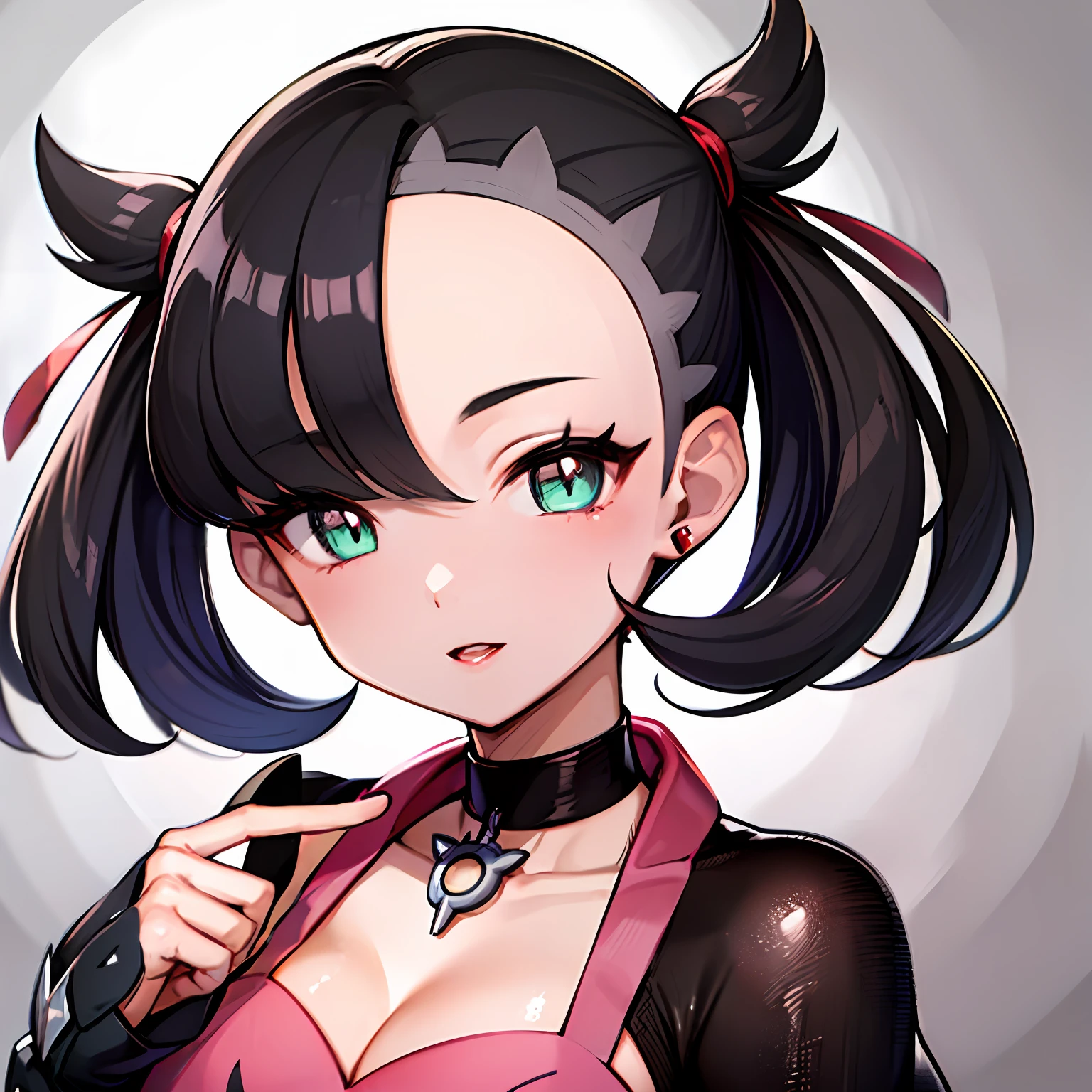 (CLOSE UP  , large eyes. :o), Cute 1girl, illustration, hmmarnie ,(marnie from pokemon) ,red ribbon, portrait, green eyes , long eyelashes,pink luscious lips,black choker, (cute feminine face) , asymmetrical bangs , earrings , cute  , happy expression , smile , pink dress , perfect fingers, perfect hand