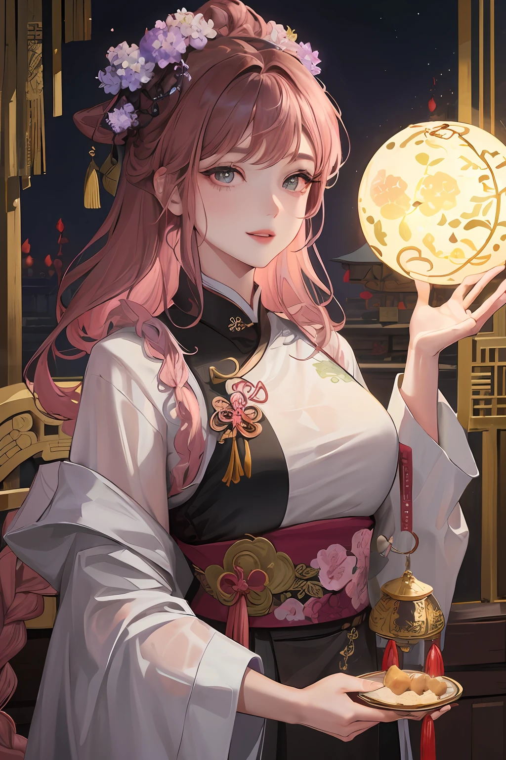 Masterpiece, best quality, night, full moon, 1 girl, mature woman, Chinese style, ancient China, elder sister, imperial sister, smile, brown hair, princess cut, single Fried Dough Twists braid, coiled hair, double ball head, light pink lips, calm, intellectual, middle hair, green pupil, hairpin, hydrangea,