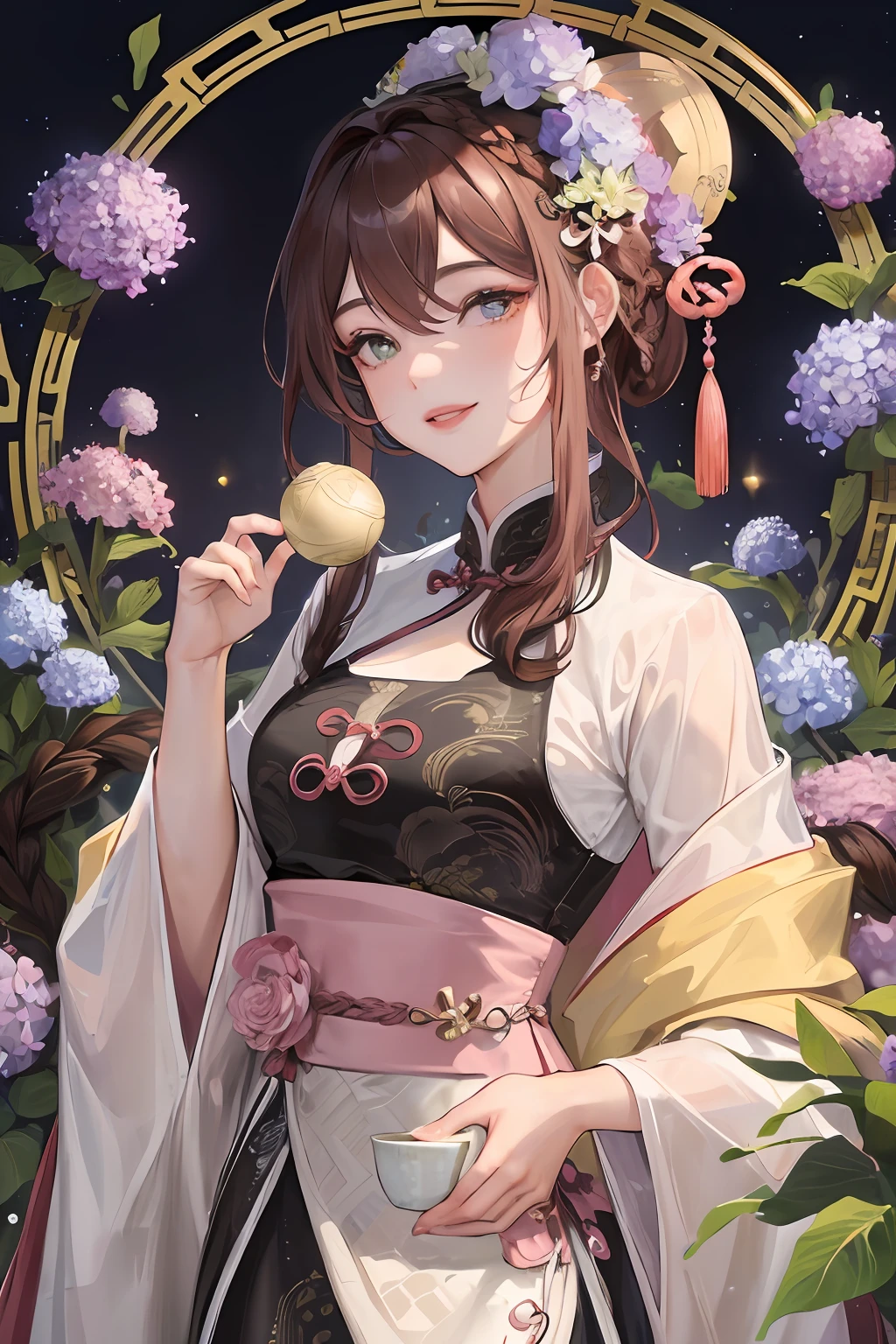 Masterpiece, best quality, night, full moon, 1 girl, mature woman, Chinese style, ancient China, elder sister, imperial sister, smile, brown hair, princess cut, single Fried Dough Twists braid, coiled hair, double ball head, light pink lips, calm, intellectual, middle hair, green pupil, hairpin, hydrangea,