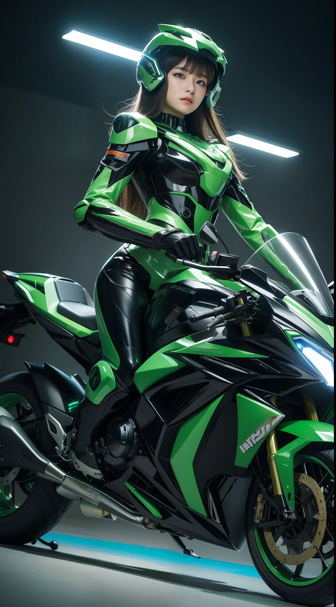 Highest image quality, outstanding details, ultra-high resolution, (realism: 1.4), the best illustration, favor details, highly condensed 1girl, with a delicate and beautiful face, dressed in a black and green mecha, wearing a mecha helmet, holding a directional controller, riding on a motorcycle, the background is a high-tech lighting scene of the future city.