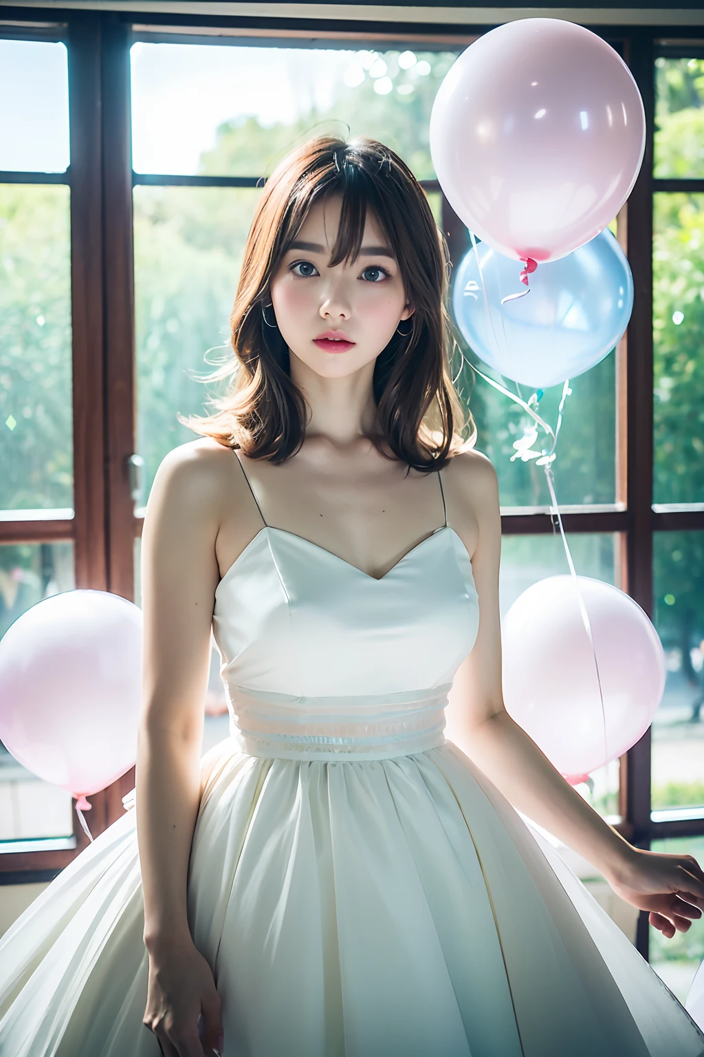 (MASTERPIECE:1.2),(CGI ART:1.3),(REALISTIC:1.5),(POST PROCESSING:1.3),(SHARP FOCUS:1.3),8K,1 girl in bedroom, ((UPPER BODY)), ((white dress)), (((shiny skin))), (wide shot:1.4), window,  (((Pastel balloons MESS IN BACKGROUND))), (high shadows detail) , (ILLUSTRATION:1.2), (ulzzang-6500:1.0), ((HDR)),