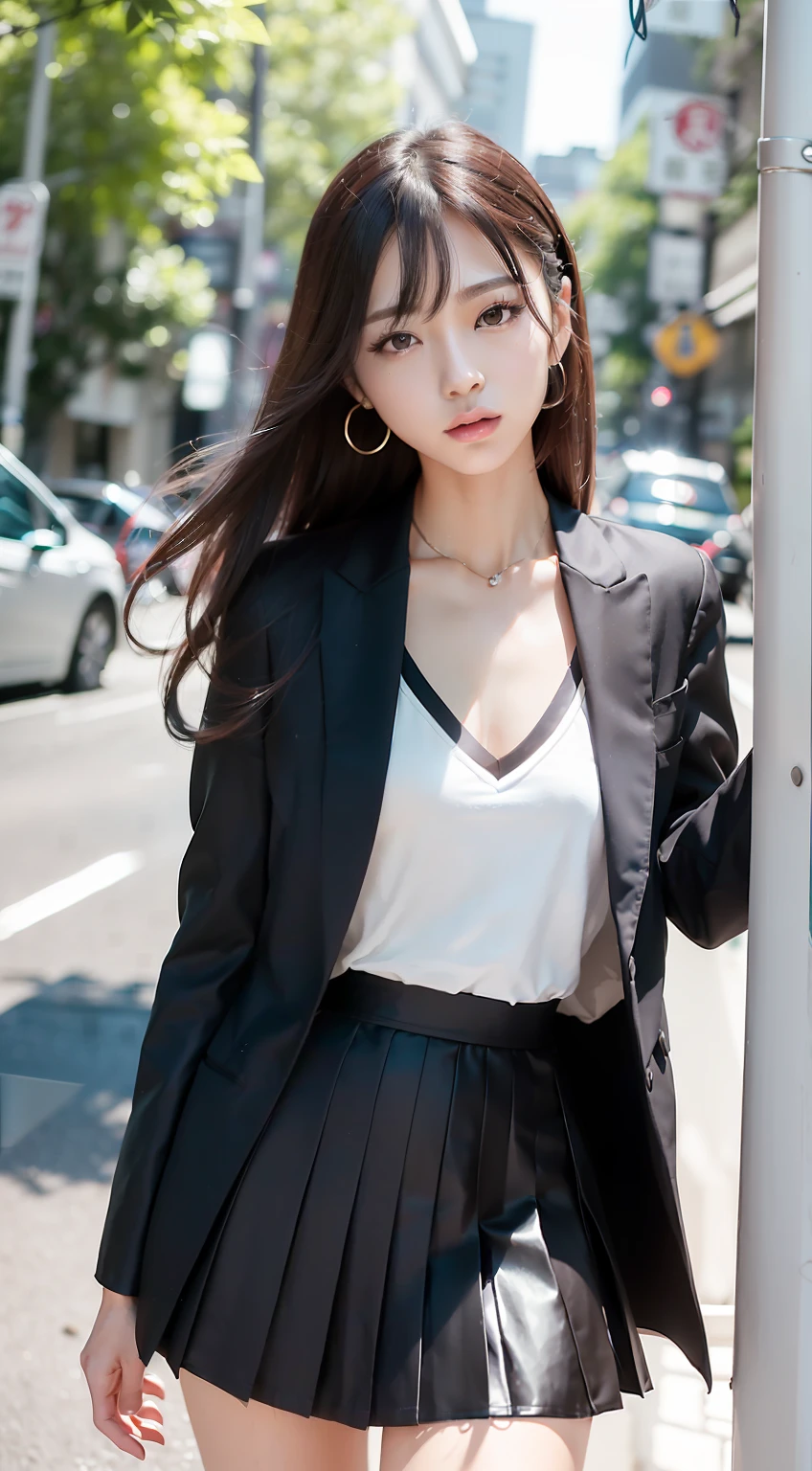 (1girll，Numerical portrait：Park Chao-yeon，Yuko Araki），黑The eye，Beautiful face，（Face with a thin skeleton+s delicate face），hyperdetailed face，（Delicate Japanese makeup），Long hair micro-curls，（Messy and layered， By bangs）， ssmile，looks into camera，（mediuml breasts：1.21），（Bumps）， Delicate sexy，（鎖骨：1.2），（The V-neck is deeper，Tight chest），Tall and tall，（（Royal sister，Raised sexy））（Close-up photo of female realism），Women's blazer，Short white shirt with V-neck，Short pleated skirt，Thin waist Long legs，（Slim figure），（（Hasselblad photograp）），the street，Surreal photography，Dynamic Angle，Dynamic pose，Floating feeling，动态照明， physically-based renderingt，profesional lighting，exquisite detailing，详细的脸，perfect hand，Perfect posture，Ultra-fine makeup，Ultra-fine clothing material，8k wallpaper