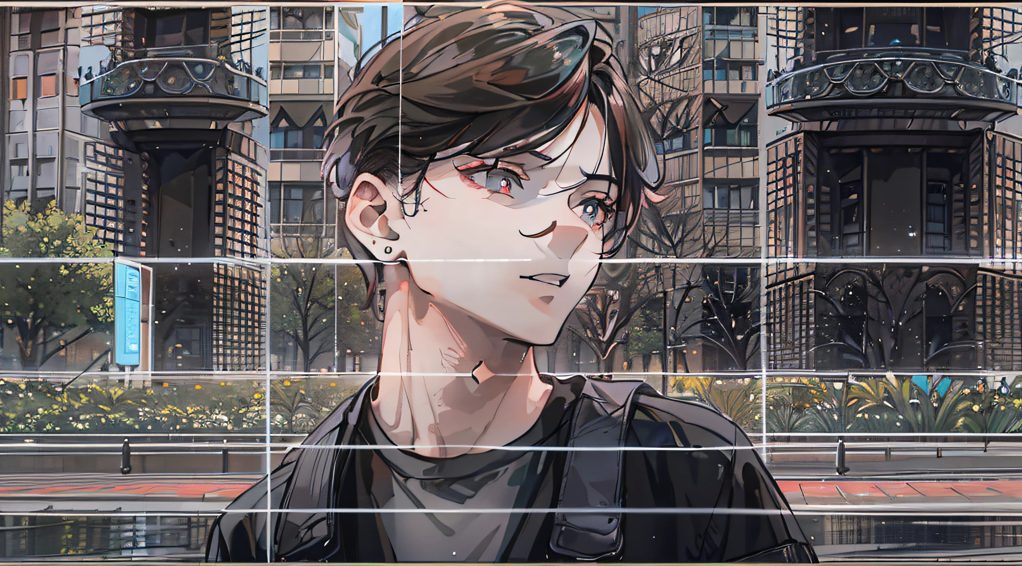 A 20-year-old boy，wearing a blacked shirt，brunette color hair，Black pupils，modernn architecture，front portrait，In the park，8k