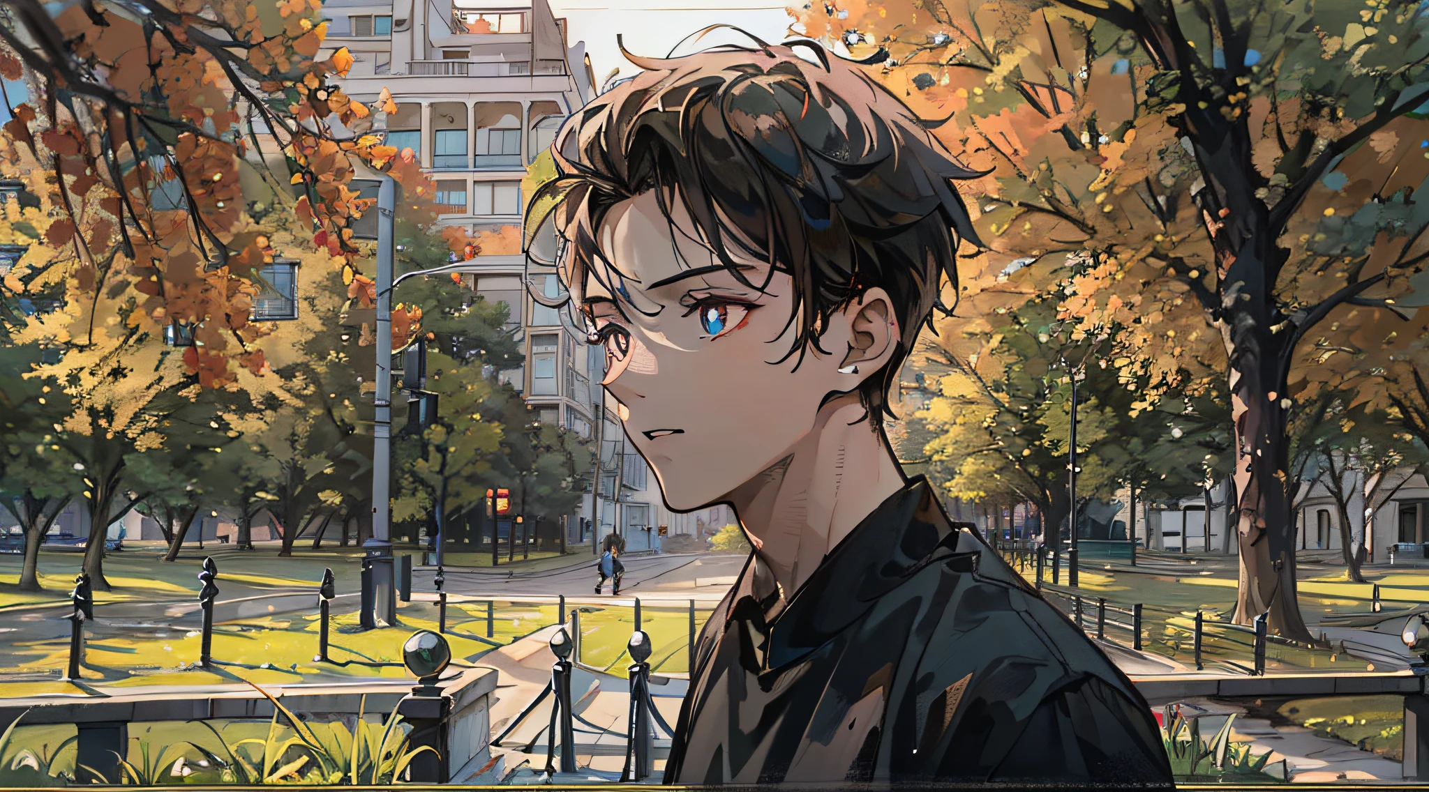 A 20-year-old boy，wearing a blacked shirt，brunette color hair，Black pupils，modernn architecture，front portrait，In the park，8k