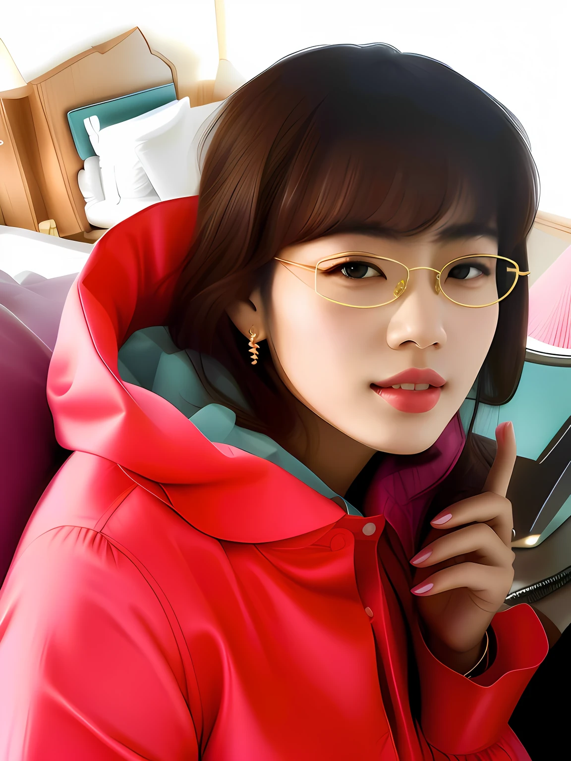 There was a woman with glasses and a red jacket, inspirado por Kim Jeong-hui, portrait of jossi of blackpink, portrait jisoo blackpink, portrait of female korean idol, inspired by Sim Sa-jeong, Korean girl, Realistic cute girl painting, style digital painting, Kawaii realistic portrait, Guviz-style artwork, Photorealistic!!!!!!! Art style
