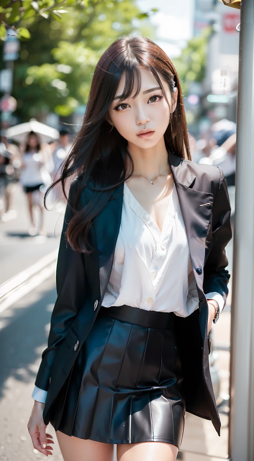 (1girll，Numerical portrait：Park Chao-yeon，Yuko Araki），黑The eye，Beautiful face，（Face with a thin skeleton+s delicate face），hyperdetailed face，（Delicate Japanese makeup），Long hair micro-curls，（Messy and layered， By bangs）， ssmile，looks into camera，（mediuml breasts：1.21），（Bumps）， Delicate sexy，（鎖骨：1.2），（The V-neck is deeper，Tight chest），Tall and tall，（（Royal sister，Raised sexy））（Close-up photo of female realism），Women's blazer，Short white shirt with V-neck，Short pleated skirt，Thin waist Long legs，（Slim figure），（（Hasselblad photograp）），the street，Surreal photography，Dynamic Angle，Dynamic pose，Floating feeling，动态照明， physically-based renderingt，profesional lighting，exquisite detailing，详细的脸，perfect hand，Perfect posture，Ultra-fine makeup，Ultra-fine clothing material，8k wallpaper