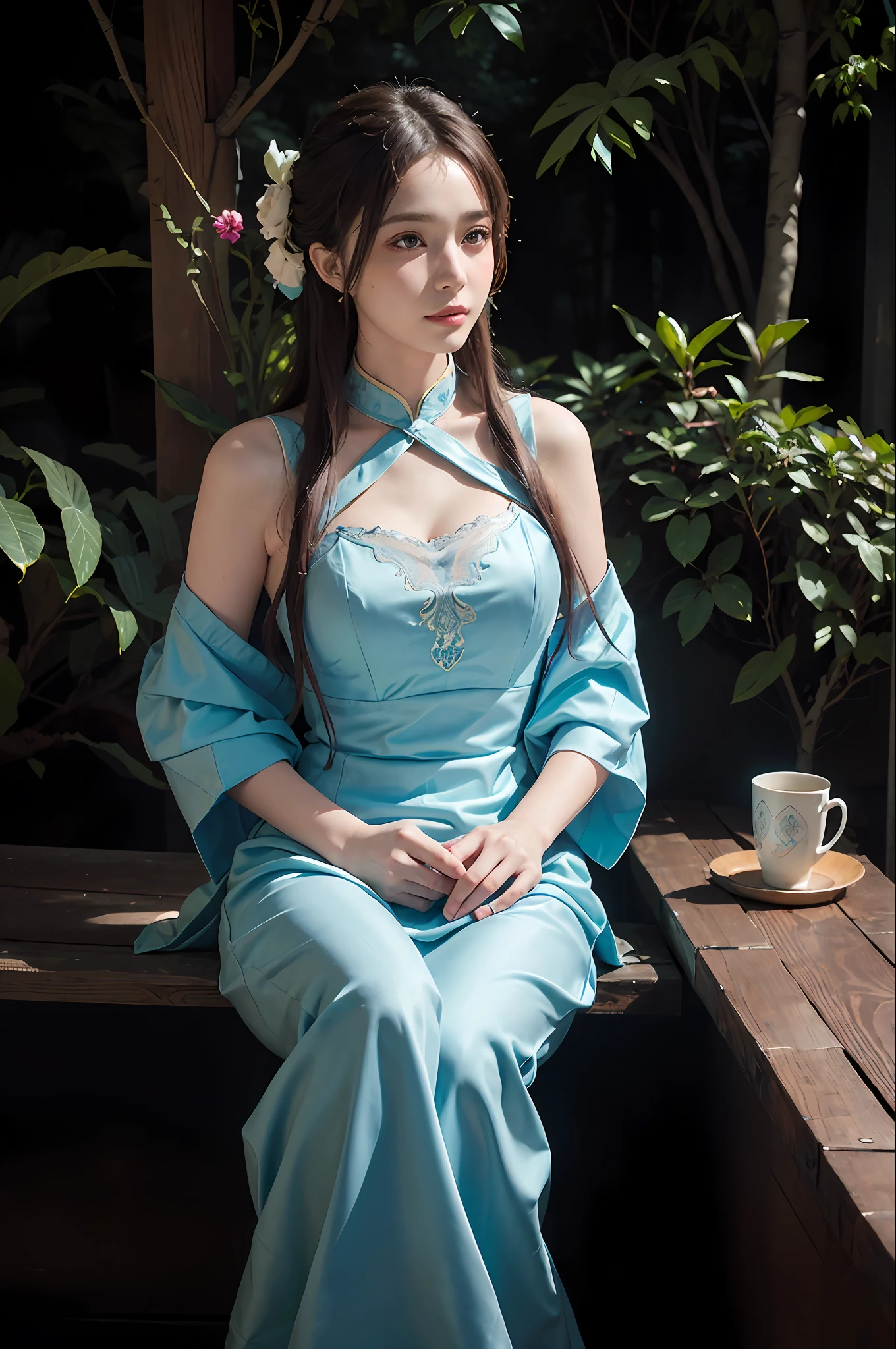 Surrealist portraits of women by David Hockney and Alphonse Mucha,Fantasyart,photographrealistic,动态照明,artstation,poster for,Volumetriclighting,Very detailed faces,4 k,Award-Awarded,,1girl,in the darkness nigth,deep shading,low tune,Cheongsam photo,(formal outfit:1.4),long whitr hair,The hair roots are yellow and shiny