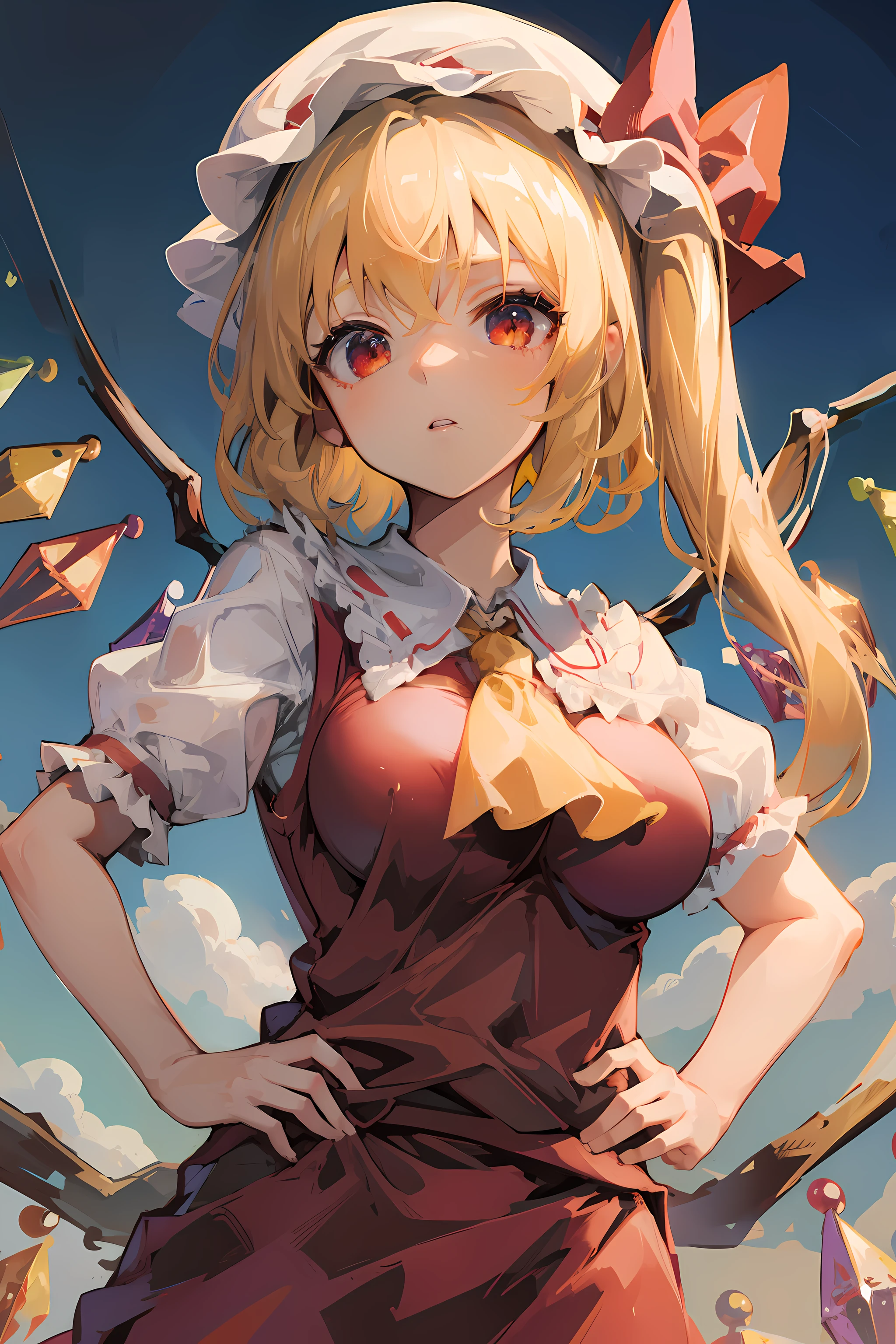 (masterpiece),best quality, expressive eyes, perfect face, 1girl,
big breast, H-cup, good breast, beautiful, gorgeous,anime,girl,lora, floating clothes, tent chest ,
hands on waist, hands on hips, visible though clothes,flandre scarlet,
1girl,blonde hair,mob cap,hair bow,bowtie,side ponytail,wings,short sleeves,vest,ascot,
