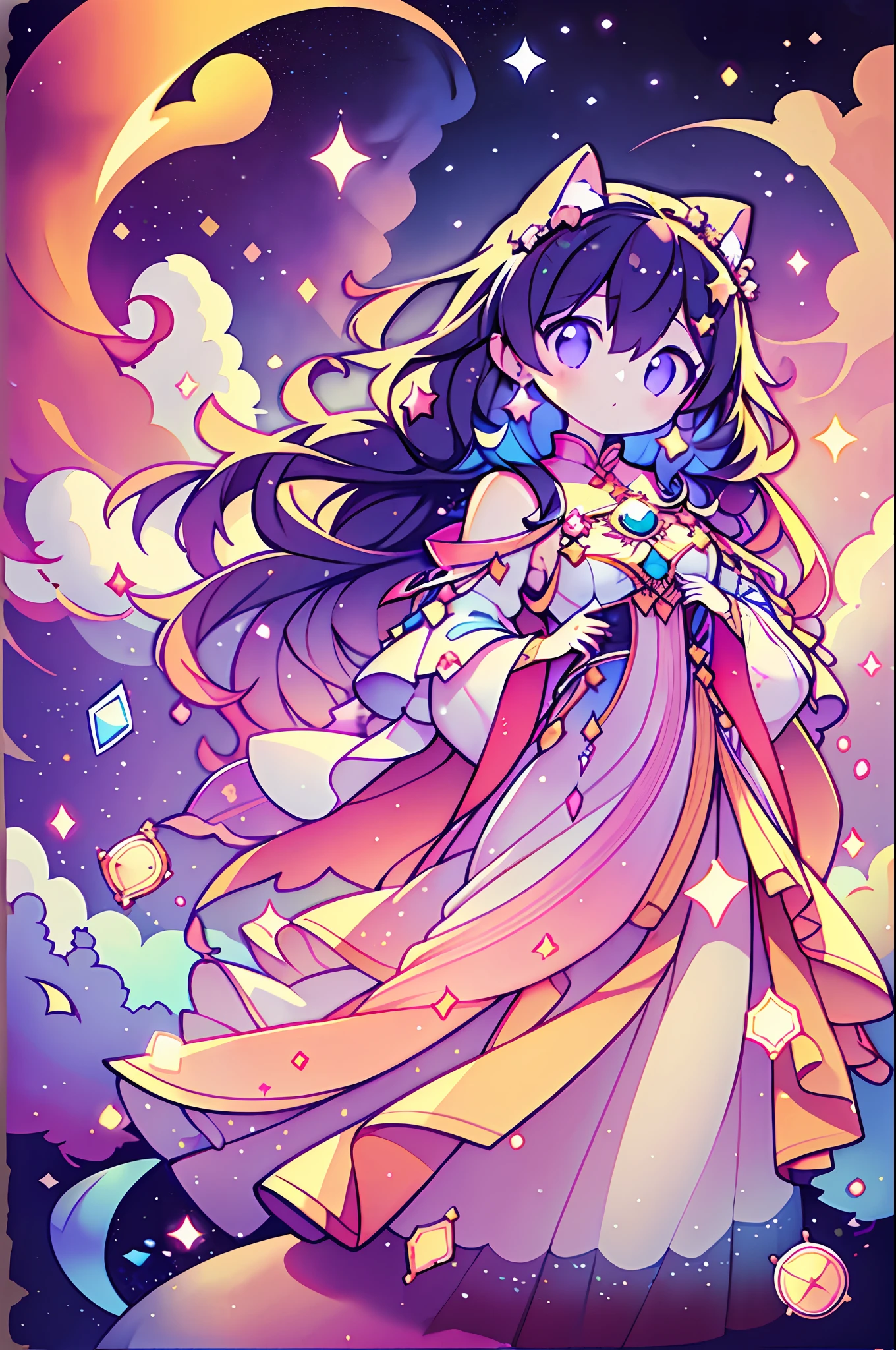 Chibi、cat ear、(​masterpiece、top-quality、top-quality、Extreme details、highest details、Official art、beauty and aesthetic:1.2)、 (Tarot card style:1.3)、colourfull、beautiful countenance、独奏、the perfect body、(Above the clouds in the sky:1.6)、、Flowing streamer、Sun'rays、​​clouds、full body Esbian、Fairy dress、spaces、starrysky、natta、jewely、Angel wings、Particles of light、 Volume Lighting、Ray traching、(Flowing streamer:1.1)、(Fantasy Novels:1.2)、Illuminator、stele、highcontrast、Ink strokes、over exposure、Purple and red tone impression、Abstract、(Watercolors by John Berkey and Jeremiman)、brushstrokes、Crystal Sorcerer、epic ethereal atmosphere、Updraft、crystal crown、look up sky、Delicate and beautiful hands、color splashes、plastican00d