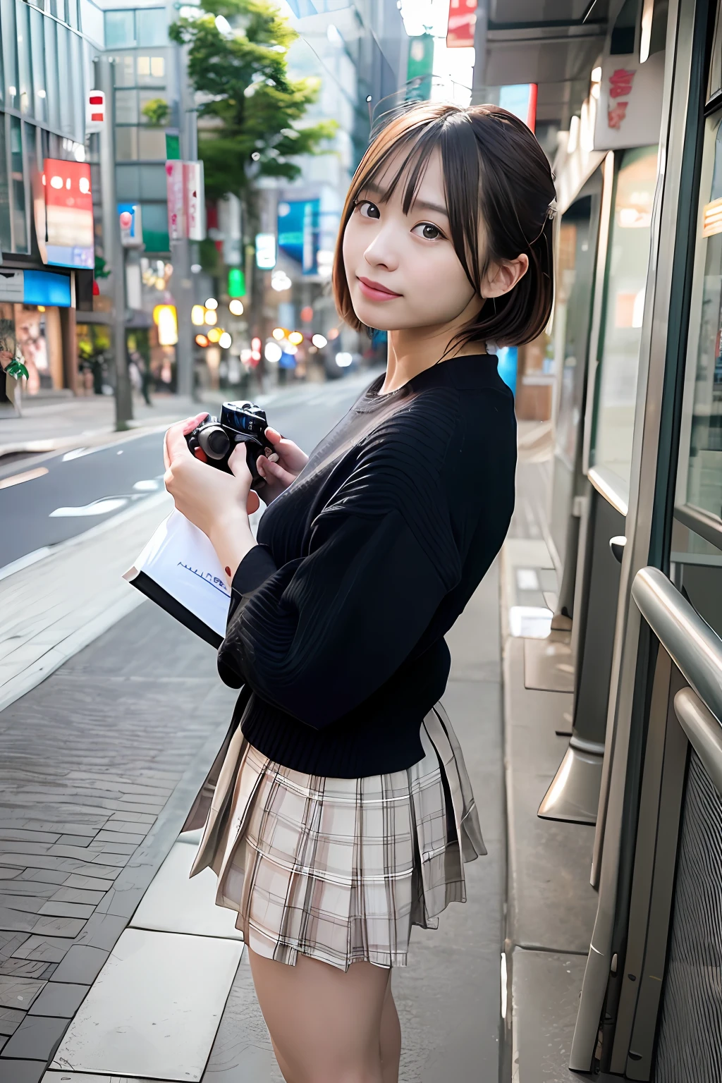 Ultra top quality, masterpiece, ultra high resolution, (photorealistic: 1.4), highly detailed CG Unity 8k wallpaper, detailed and complex, original, high resolution, raw photos, (perfect body shape), finely complex, DSLR, soft lighting, high quality, film grain, depth of field, Leica camera, 50mm lens, backlight, HDR, hyperrealistic, color grade, dynamic pose, portrait, Japan person, smile, lips, short hair, bangs, (crowded Akihabara: 1.2), front view viewer, natural light, girl, 20 years old, full body, solo, student, high school, uniform, sailor color, bobby socks, pleated skirt, daytime, street, deep shadow, cute, beauty, modest, cold light 12000K\\ street, store state, Akihabara, Shinjuku, Shibuya, Ikebukuro, detailed realism, skin texture, super detailed, realistic skin texture, (dramatic, award-winning photos, incredible masterpieces: 1.3)