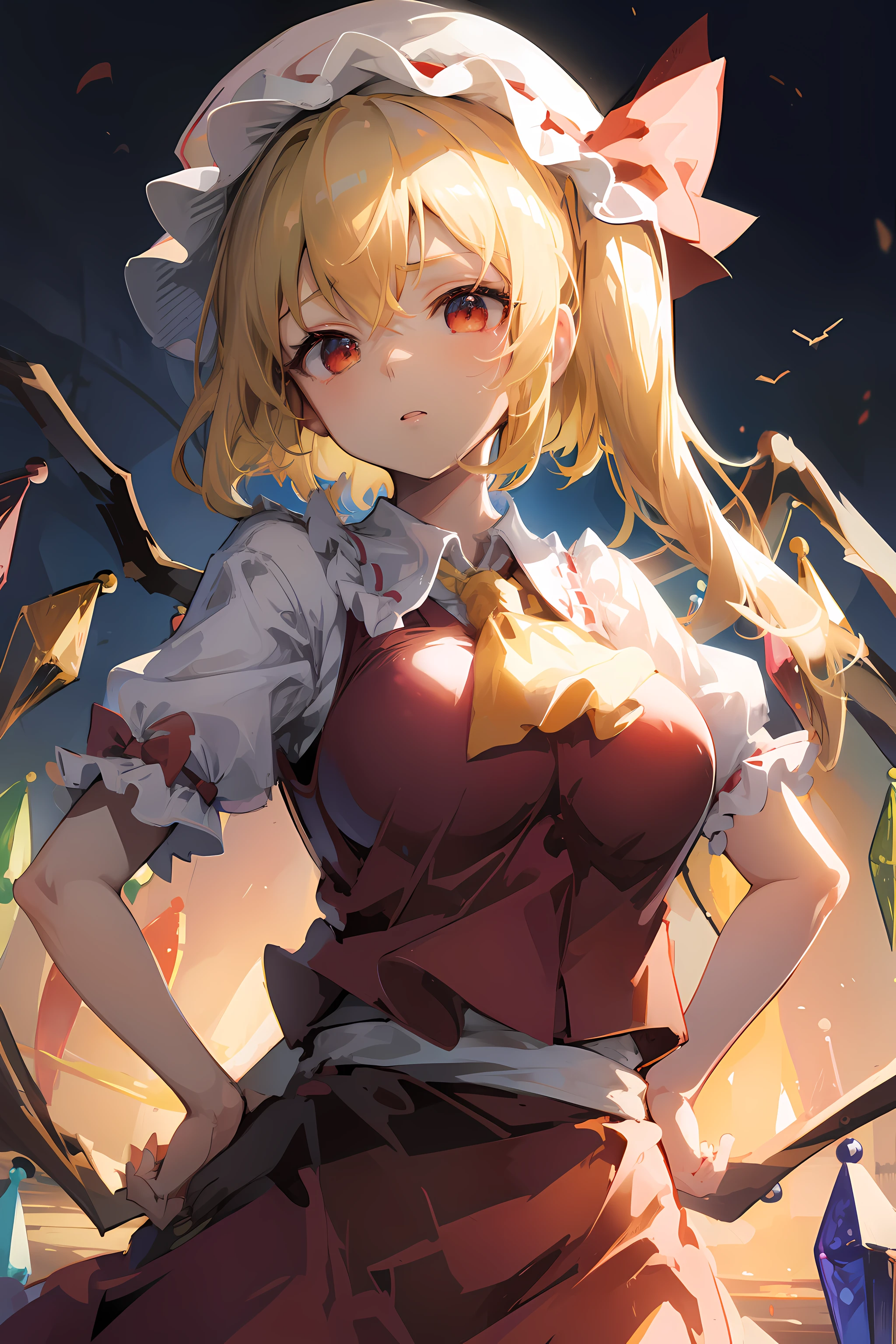 (masterpiece),best quality, expressive eyes, perfect face, 1girl,
big breast, H-cup, good breast, beautiful, gorgeous,anime,girl,lora, floating clothes, tent chest ,
hands on waist, hands on hips, visible though clothes,flandre scarlet,
1girl,blonde hair,mob cap,hair bow,bowtie,side ponytail,wings,short sleeves,vest,ascot,