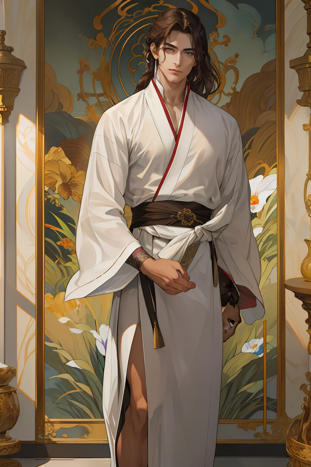 masterpiece, best quality, 1 male, bronze skin, square face, striking eyebrows, elongated lifeless eyes, dark brown irises, brown hair fading to milky white, floor-length straight hair, side-swept bangs, styled in a chignon, extremely high resolution, capturing facial details and bronze skin tone, soft lighting and muted tones, emphasizing an aura of mystery and elegance, incorporating elements of oriental fantasy, fusing the male's individuality and mystique into one, an artistic portrait conveying oriental fantasy's mystique and beauty, cinematic lighting, dramatic lighting, high resolution