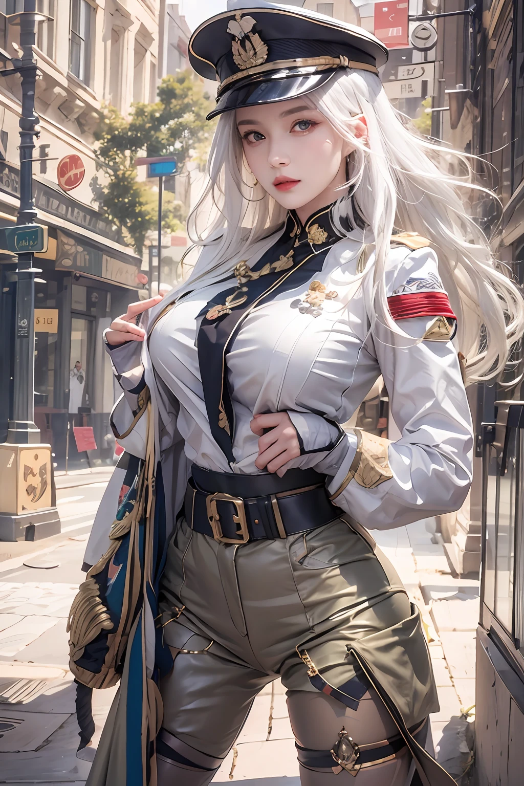 photorealistic, high resolution, soft lights, 1women, solo, hips up, look at viewer, (detailed face), white hair, long hair, military uniform, jewelry