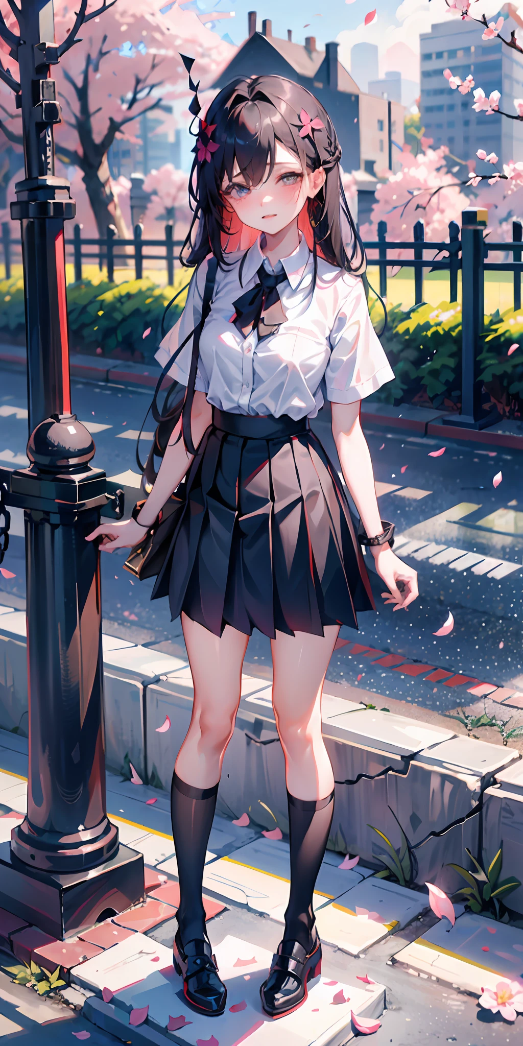 1girl, black skirt, branch, building, chain-link fence, cherry blossoms, fence, long hair, outdoors, petals, pleated skirt, rain, shirt, short sleeves, skirt, solo, standing, tree,
sky,street