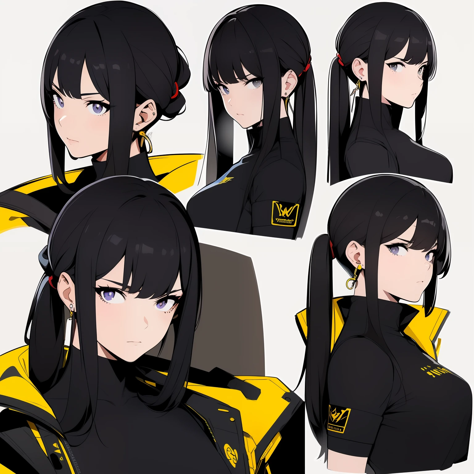 Yellow theme，Masterpiece,Best quality,offcial art,Extremely detailed Cg Unity 8K wallpaper,1girll, joy, Anger and sadness on various expressions，Single ponytail hairstyle，Glowing fist，Mechanical headphones，（（（Purple combat uniform））），a black cloak，Hand-held laser metal weapons，White hair，character  design，Zhuzeshegi，Sketch line diagram,