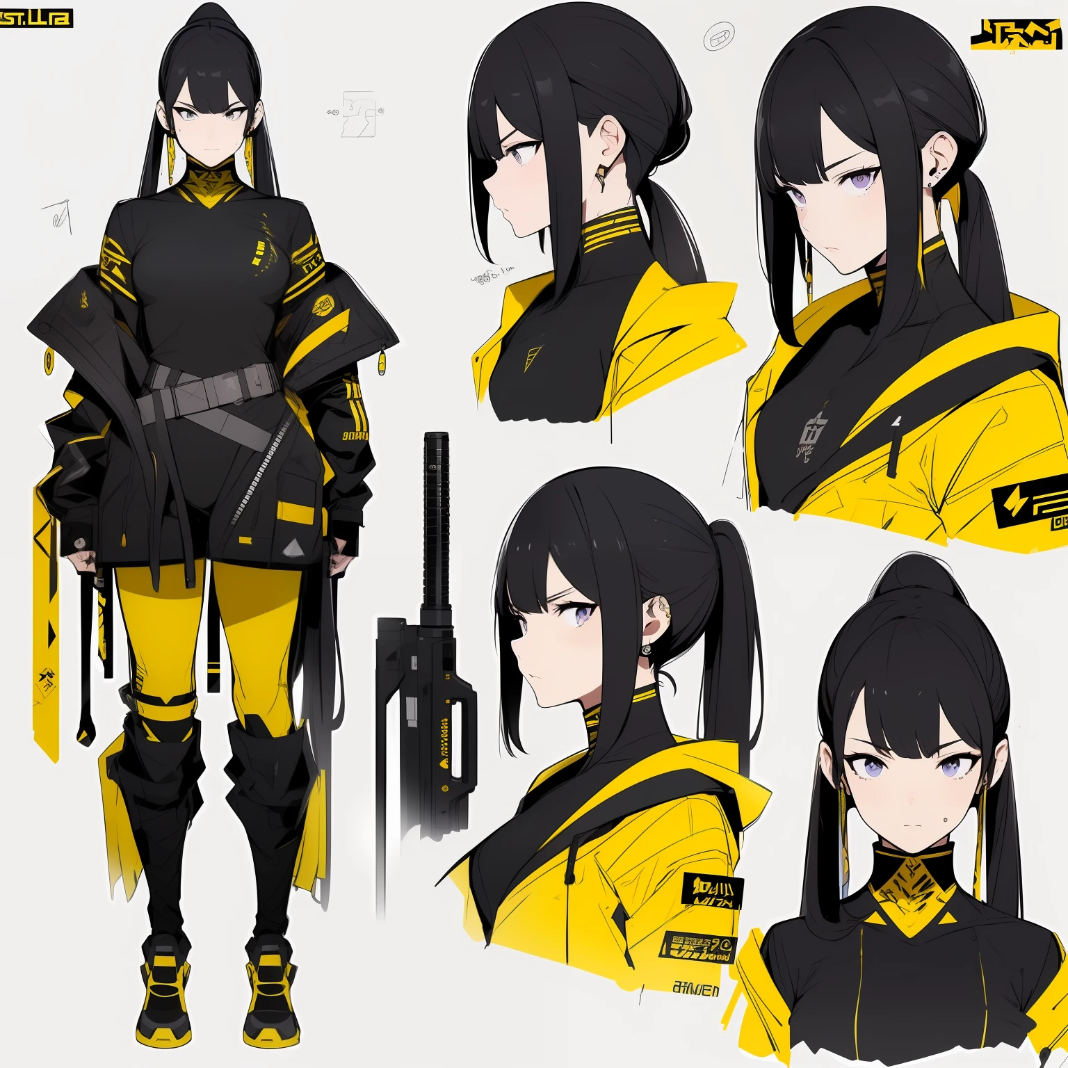 Yellow theme，Masterpiece,Best quality,offcial art,Extremely detailed Cg Unity 8K wallpaper,1girll, joy, Anger and sadness on various expressions，Single ponytail hairstyle，Glowing fist，Mechanical headphones，（（（Purple combat uniform））），a black cloak，Hand-held laser metal weapons，White hair，character  design，Zhuzeshegi，Sketch line diagram,