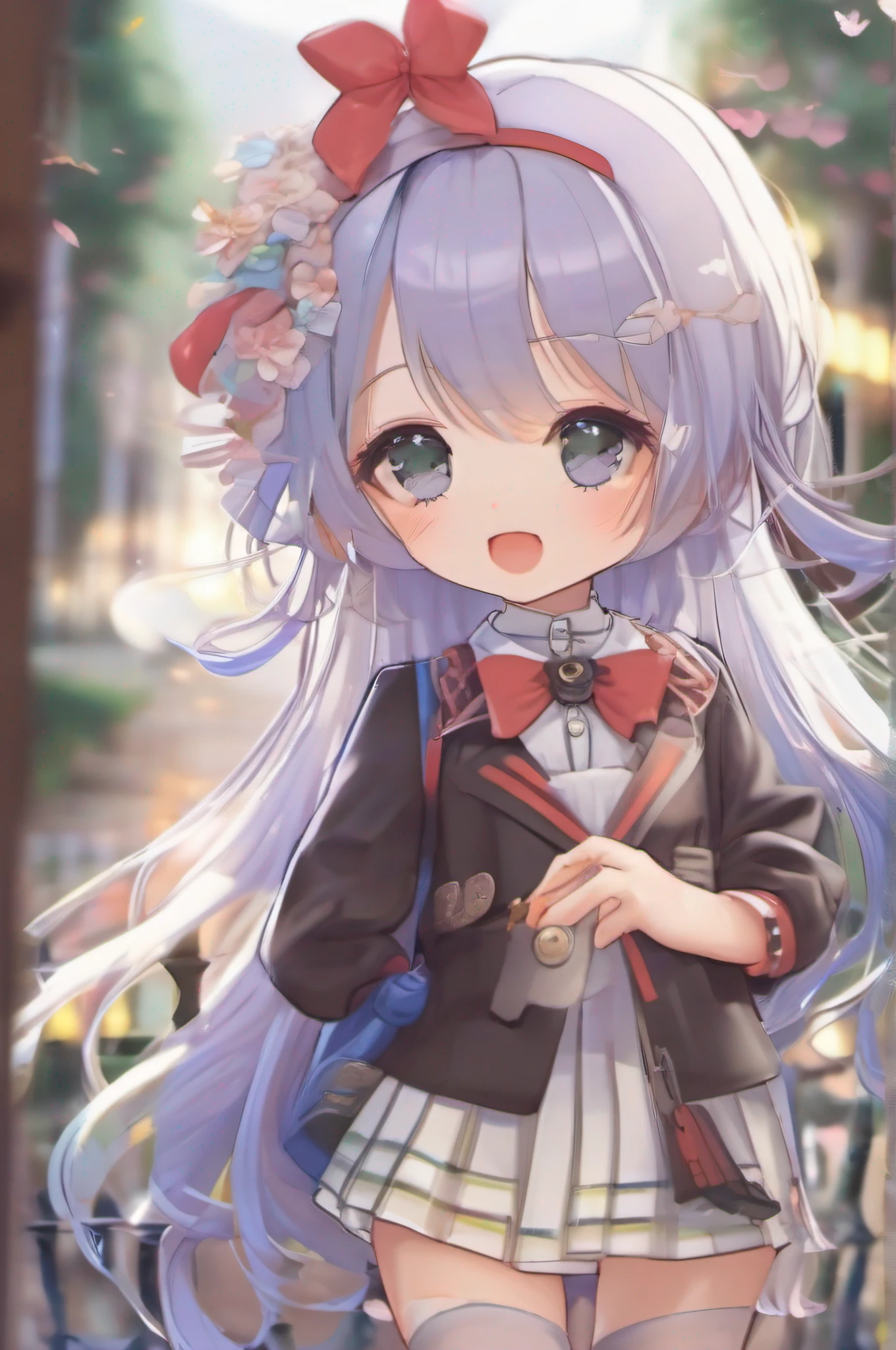 (CG Unity 8K wallpaper in extreme detail，tmasterpiece，Highest image quality)，(Delicate light and shadow，The picture is highly dramatic，Cinematic lens effect)，Dramatic shots，Full body like。On the way home from school，A cute beautiful girl，elementary student，JK school uniform，Pure little ，cherubic，Carrying a small backpack。adolable、A sweet smile、Smooth skin、big bright eyes、Slender eyelashes、Ruddy little cheeks、An innocent expression、 Long purple hair，Wearing a translucent color school uniform、Bow headdress、Clothes with cartoon patterns、Printed clothing for cartoon anime characters，Bright clothing、Decoration of flower or animal motifs，black lace cleavage underwear，Wear cute lace shoes。Wear cute hair accessories，choker necklace，pendant，Bracelet。Wearing white stockings，over knee socks，Leg socks。Falling petals and debris。Lively and cute personality、Innocent masterpiece, best quality, hd, 8k, highres, super resolution,