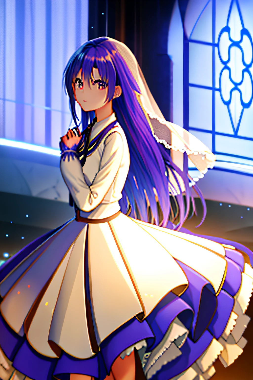 onegirl,longhair,bluehair,gouchiusa,Chino,Kafuuchino,Honbunshastyle,blueeyes,stand,church,weddingdress
