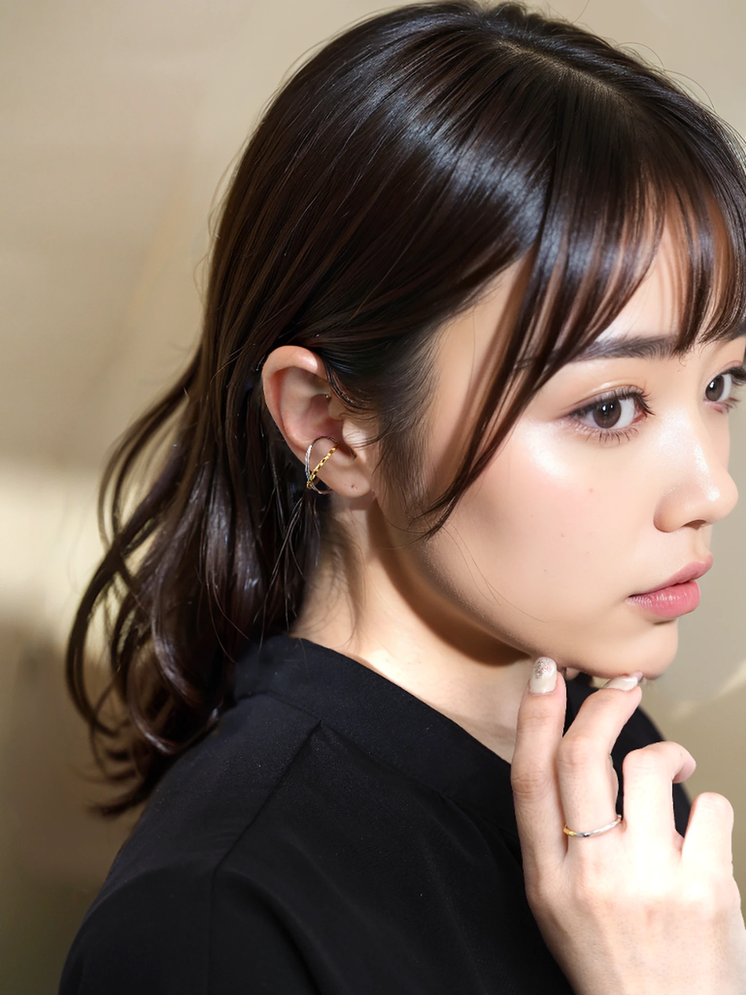 a short bob、profile、Lateral gaze、don't watch the viewer、profile、25 years old women、Black eyes、1girl in,Cute face, , ​masterpiece, , portlate, ((8K 、RAW Photos、top-quality、​masterpiece)、High Detail RAW Color Photo Professional Photo、(realisitic、Photorealism:1.37)、(top-quality)、超A high resolution、Fusion of 8K and HDTV CG、physically-based renderingt、25 years old women、、top-quality、​masterpiece、ighly detailed、hight resolution、At 8K、超A high resolution、detailed shadow、A hyper-realistic、realisitic、Midday sunshine、1girl in、A detailed face、realisticeyes、real looking skin、a short bob、femele、