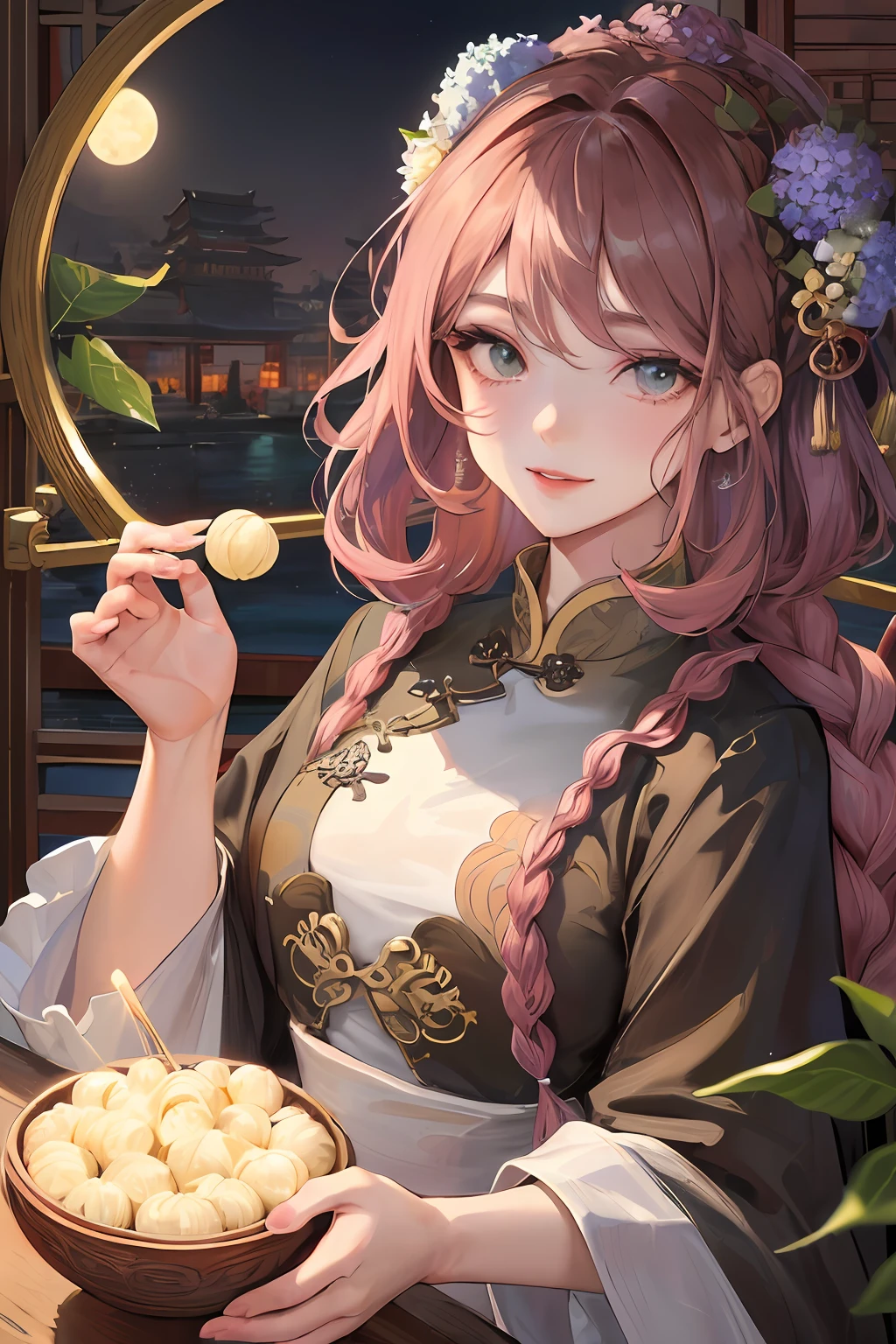 Masterpiece, best quality, night, full moon, 1 girl, mature woman, Chinese style, ancient China, elder sister, imperial sister, smile, brown hair, princess cut, single Fried Dough Twists braid, coiled hair, double ball head, light pink lips, calm, intellectual, middle hair, green pupil, hairpin, hydrangea,