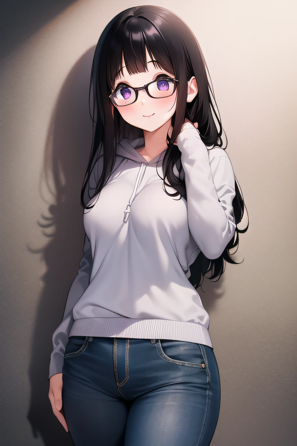 A superb exquisite Chitanda Eru, purple eyes, black long hair, chignon, straight bangs, (Small_breasts: large_breasts: 0.4), (solo), eyeglasses, hoodie, jeans, ((blush)), timid smile, extremely delicate, straight facial features, peerless beautiful girl, soft, (kawaii), dreamy quality, light white and dark brown, exaggerated facial features, solid color, delicate face, bright lips slightly open, slender waist, soft curves, real light and shadow, super fine, 4k, natural moving, Ultra high resolution, (masterpiece:1.2, best quality), (finely detailed beautiful eyes: 1.2), (beautiful detailed face)